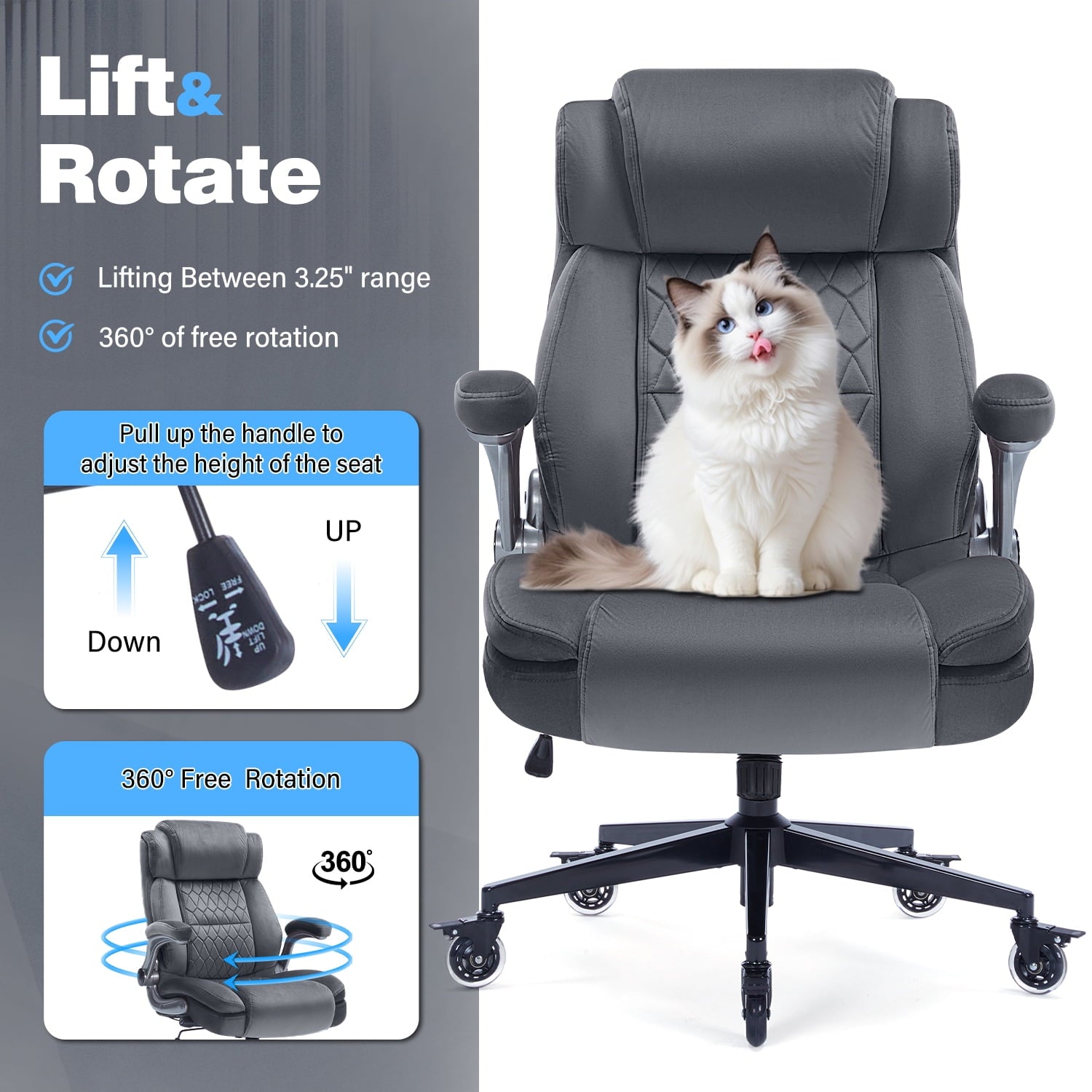 High Back Office Chair with Lockable Wheels, 400lbs Large Fabric Executive Desk Chair, Adjustable Lumbar Support Flip up Arms, Ergonomic Home Office Computer Chair with Storage Pocket, Black