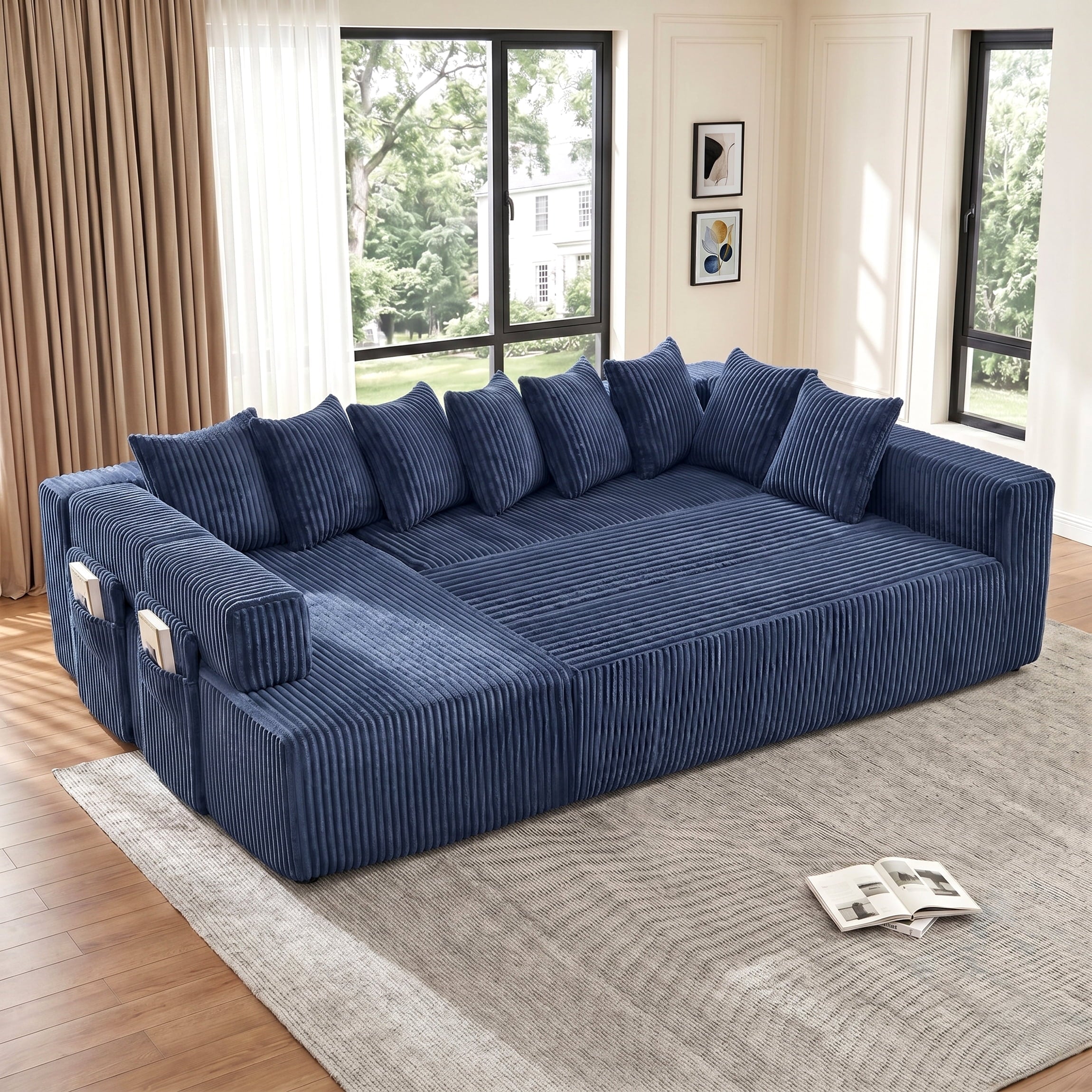SOULART 138.5 U Shaped Sectional Couch,Gray Cloud Boneless Sofa For Living Room,Plush Corduroy Couches With Deep Seat Chaise Lounge,No Assembly Required