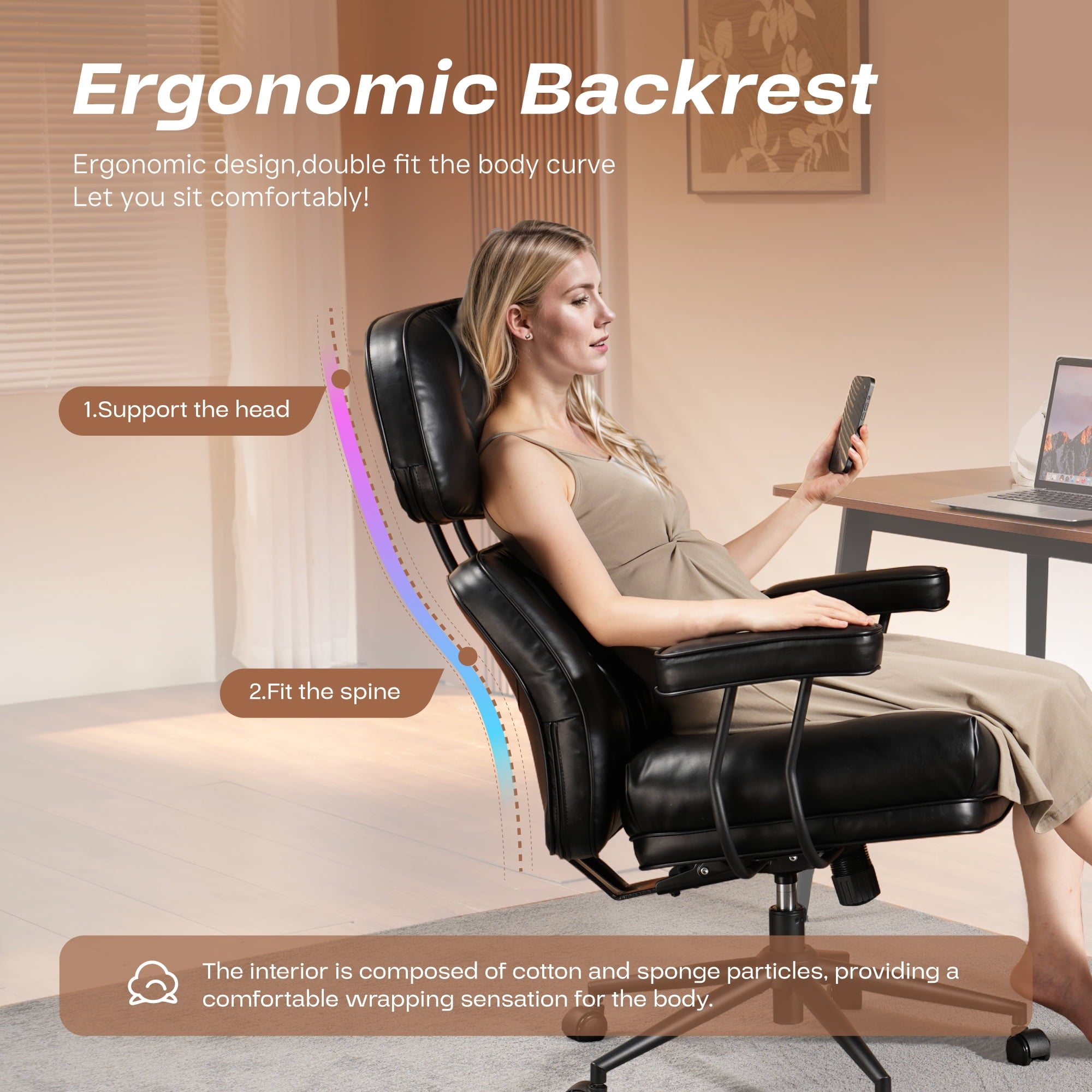 Toject Ergonomic Office Chair, High Back Big Comfy Home Office Chair with Lumbar Support, Mid-Century Modern Computer Executive Office Chair, Brown
