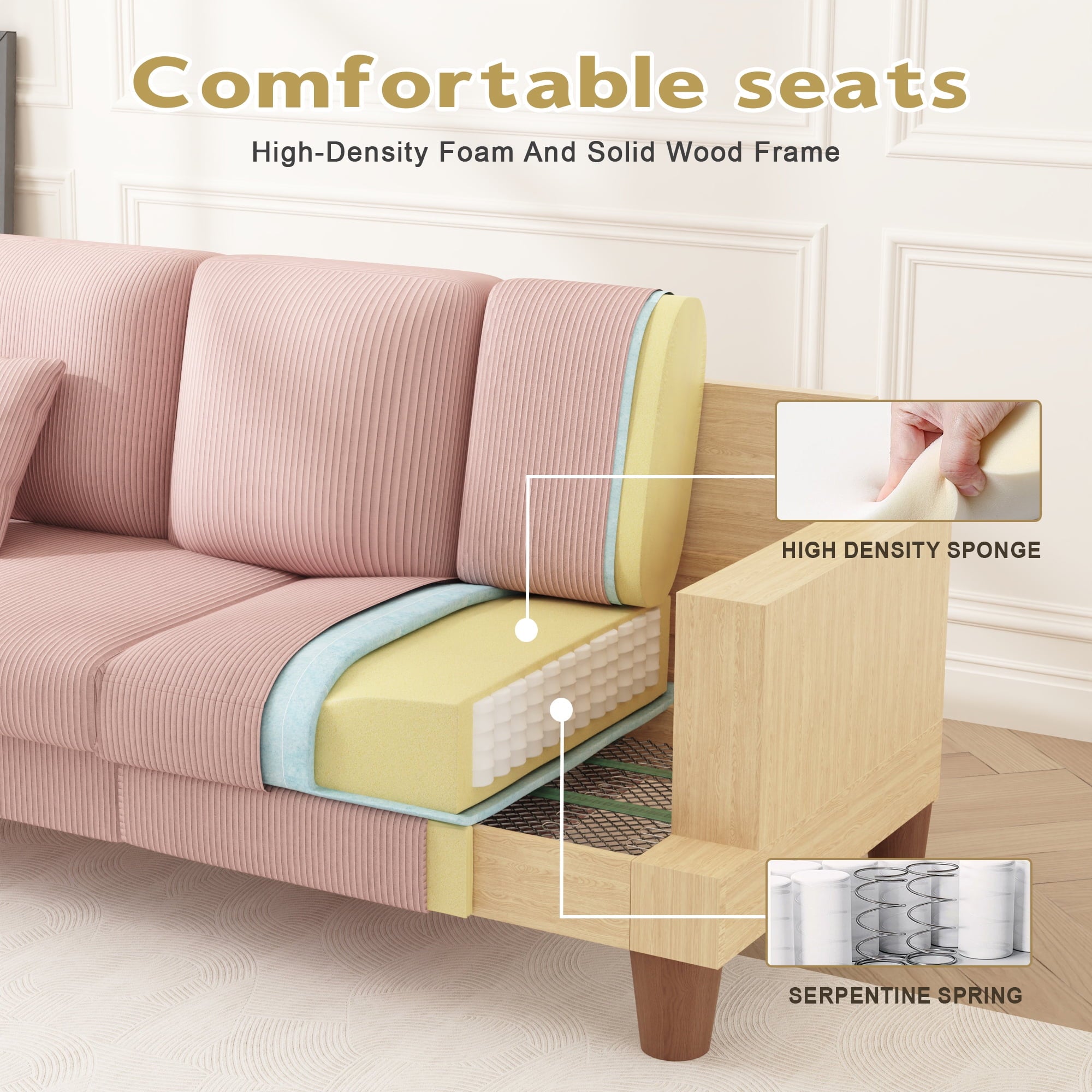 AAQZ 87 Corduroy Sofa Couch for Living Room, 3 Seater Deep Seat Comfy Couch in a Box, 2 Cushions, 2 Pillows Tool-Free Setup,Gray
