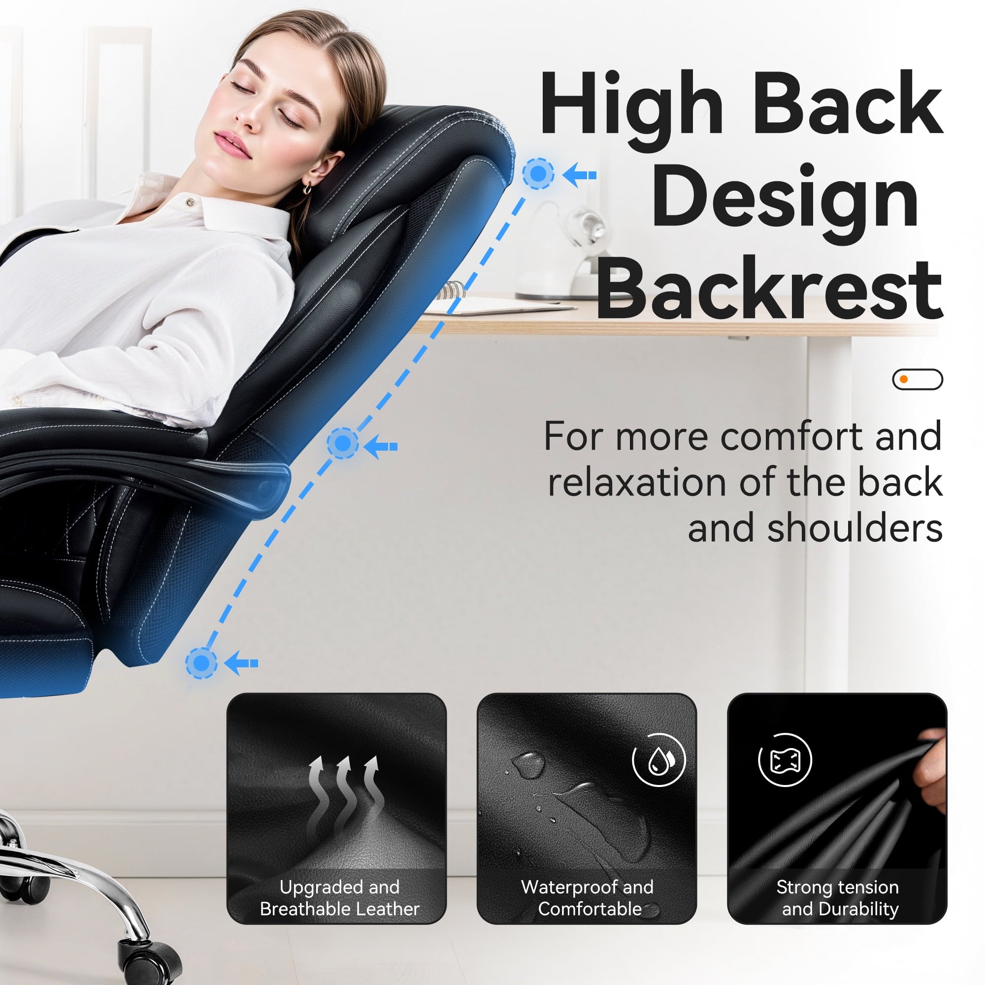 FASTES Ergonomic Office Chair, Big and Tall Leather Desk Chair with Footrest and Lumbar Support, 2-Position Reclining Executive Computer Chair, Black