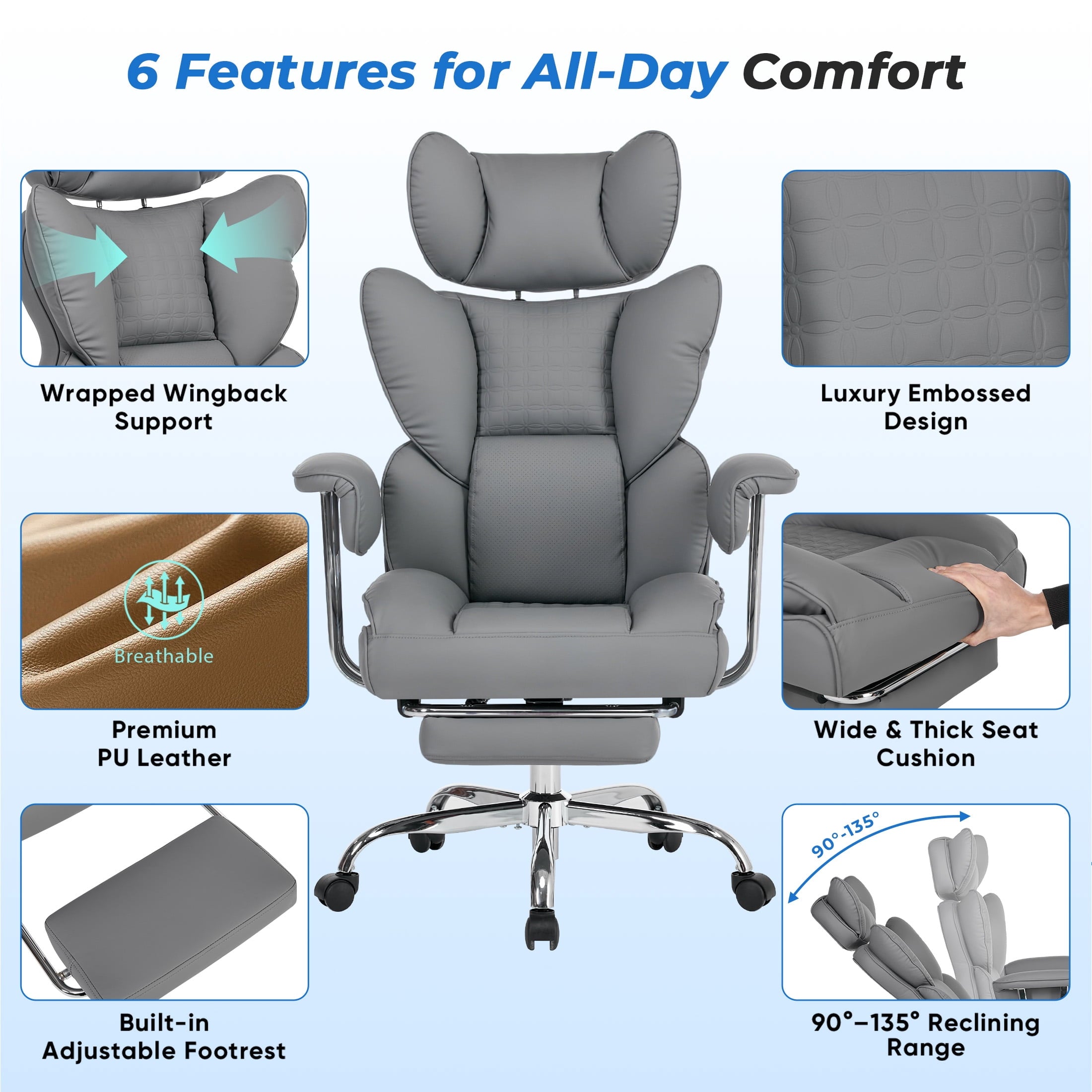 edx Executive Home Office Desk Chair, Ergonomic Big Tall High Back with Footrest & Lumbar Support, Reclining Comfy PU Leather Computer Gaming Chair with Swivel Wheels, Height Adjustable, Black