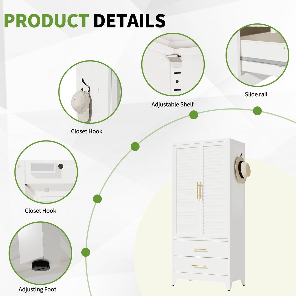 avobird 60 Tall Metal Wardrobe Cabinet with 1 Drawer and Hanging Rod, 2 Doors Wardrobe Closet with Shelf for Bedroom, Beige