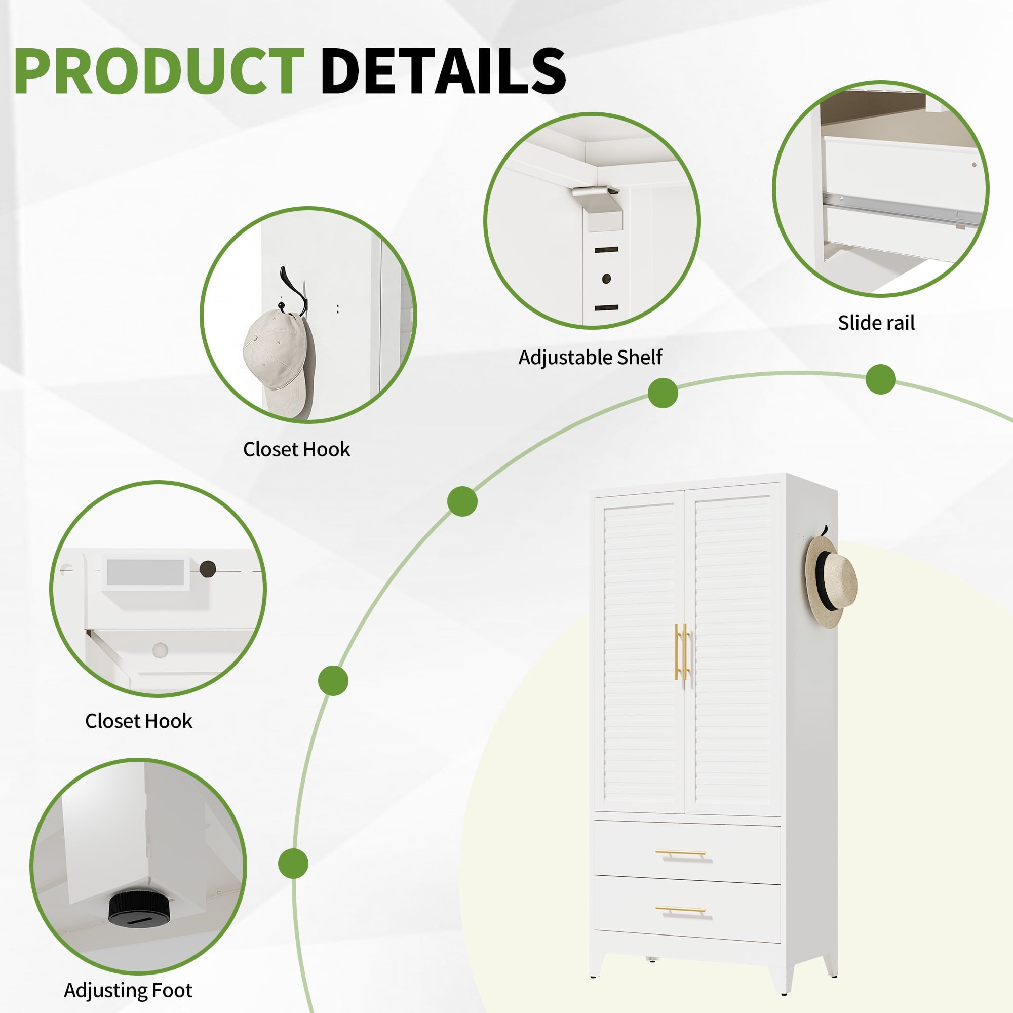 avobird 60 Tall Metal Wardrobe Cabinet with 1 Drawer and Hanging Rod, 2 Doors Wardrobe Closet with Shelf for Bedroom, Beige