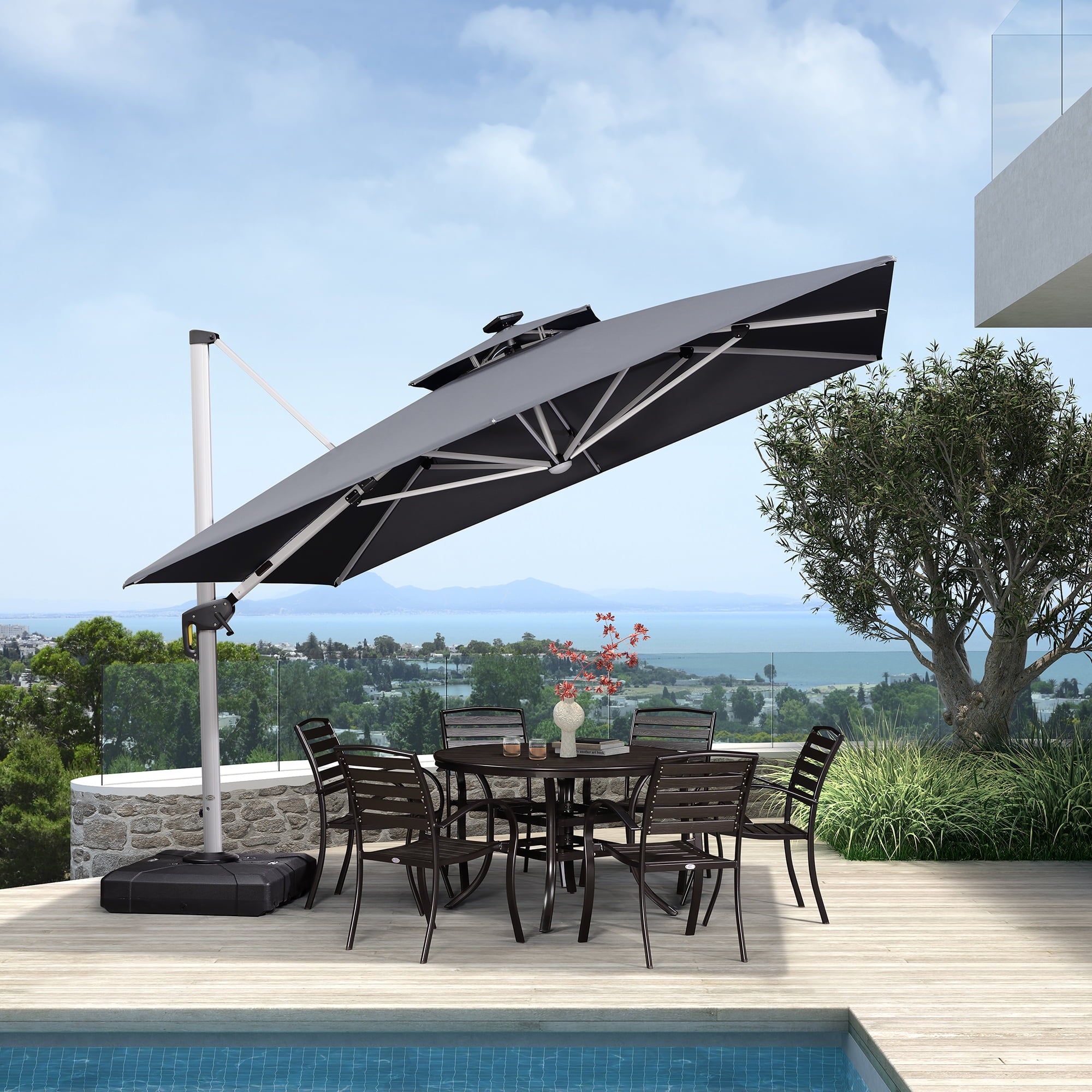 PURPLE LEAF 9 x 12FT Deluxe Rectangle Solar Powered LED Patio Umbrella with Base, Large Offset Cantilever Umbrella with 360° Rotation, Navy Blue