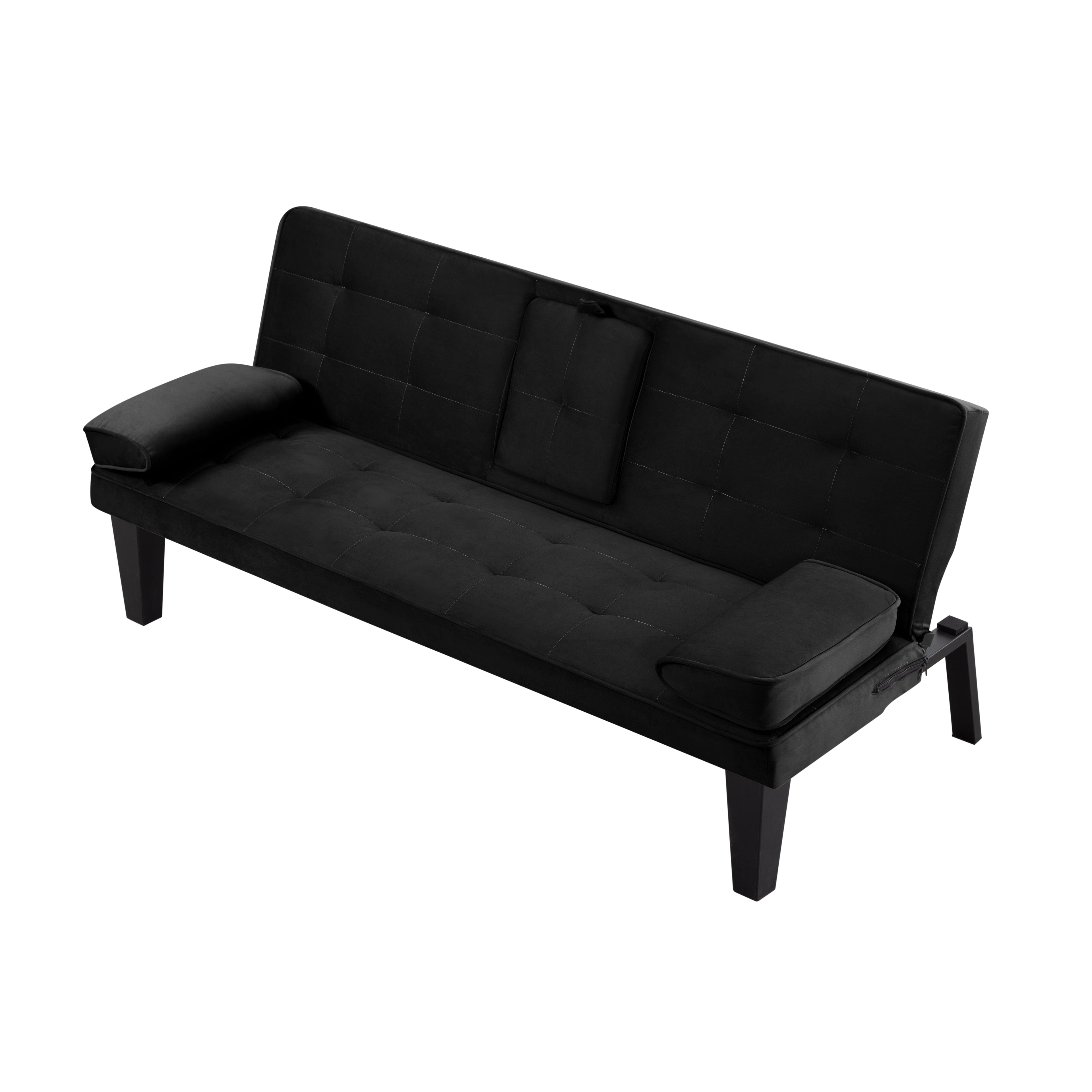 BSHTI 65 Modern Velvet Futon Sofa Bed with Drop Down Cup Holders, 3-Position Adjustable Backrest, Removable Arm Cushions, Chrome Legs for Living Room & Guest Room Black