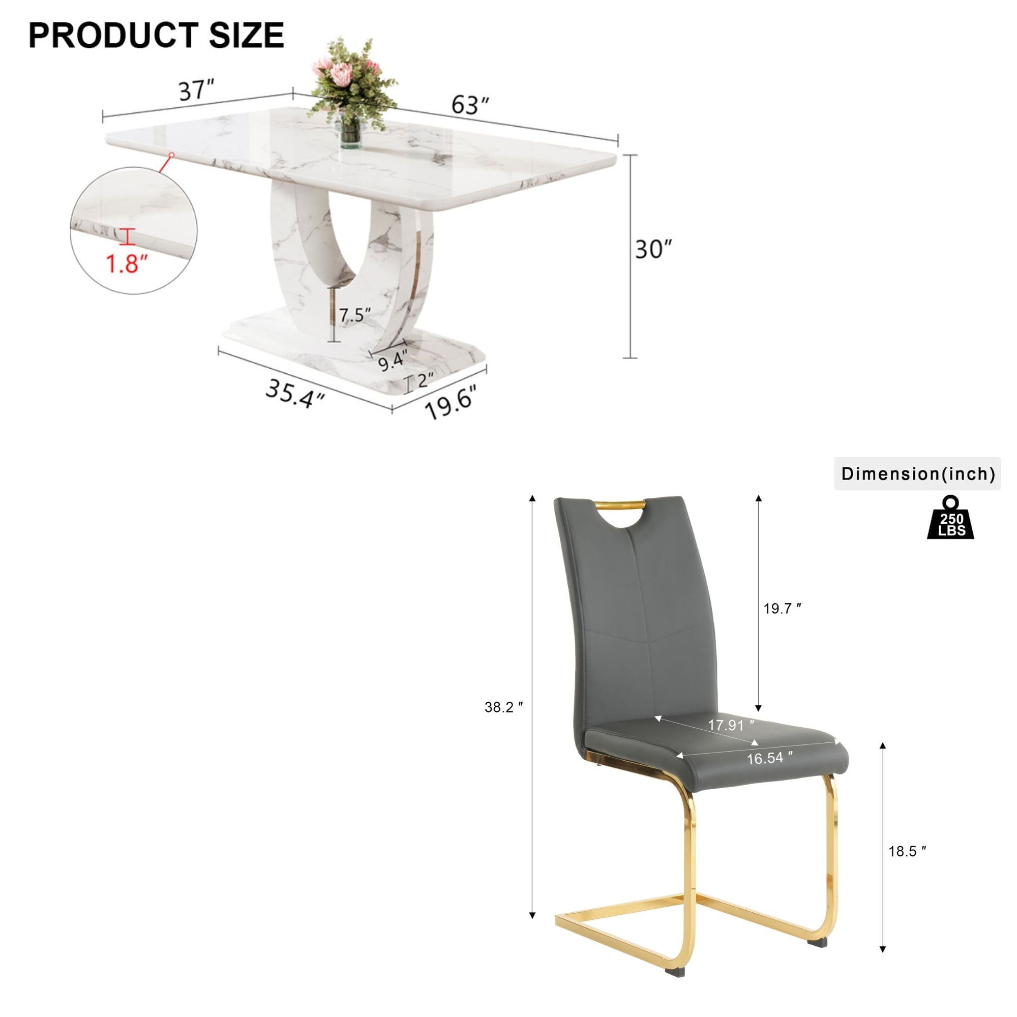 63 Modern White Rectangle Faux Marble Dining Table Room Sets for 4,Dining Table with 4 Velvet Dining Chairs,White Table and 4 Gray Chairs with Silver Leg