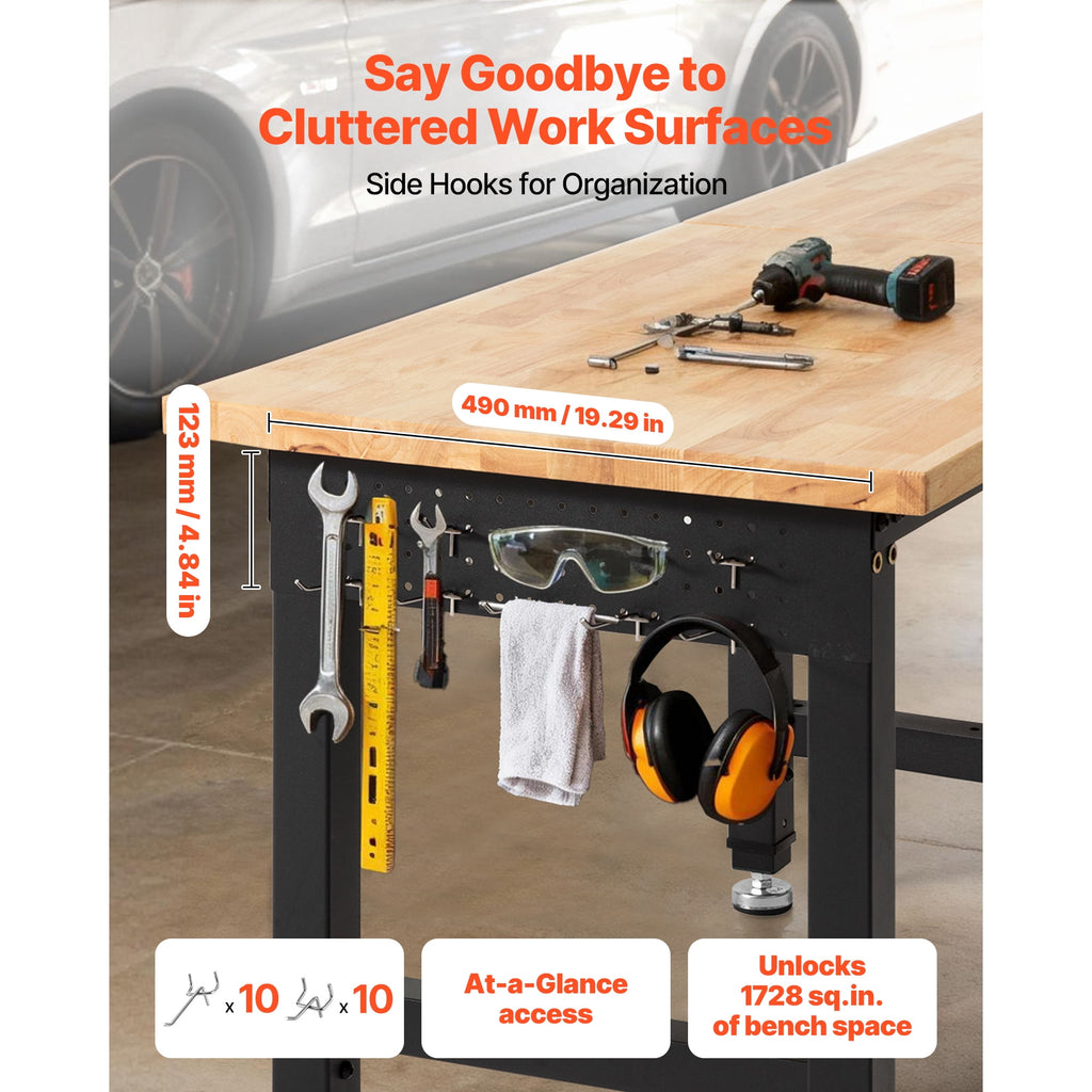 KFFKFF Adjustable Workbench with 5000 lbs Capacity, 72 x 24 Inch Oak Wood Top, Workstation Featuring 4 AC Outlets & 2 USB Ports, Durable Hardwood Table for Garage, Workshop, Home, Office