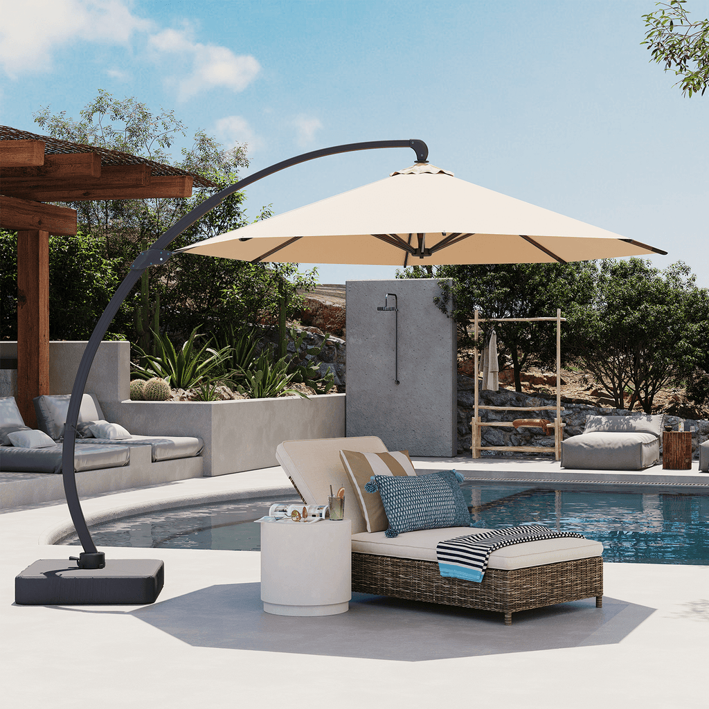 BaPiPro 11ft Offset Cantilever Patio Umbrella with Solar Lights & Base Included, Large Round Heavy Duty Frame Umbrella, 360° Rotation, for Deck Pool Backyard, Beige