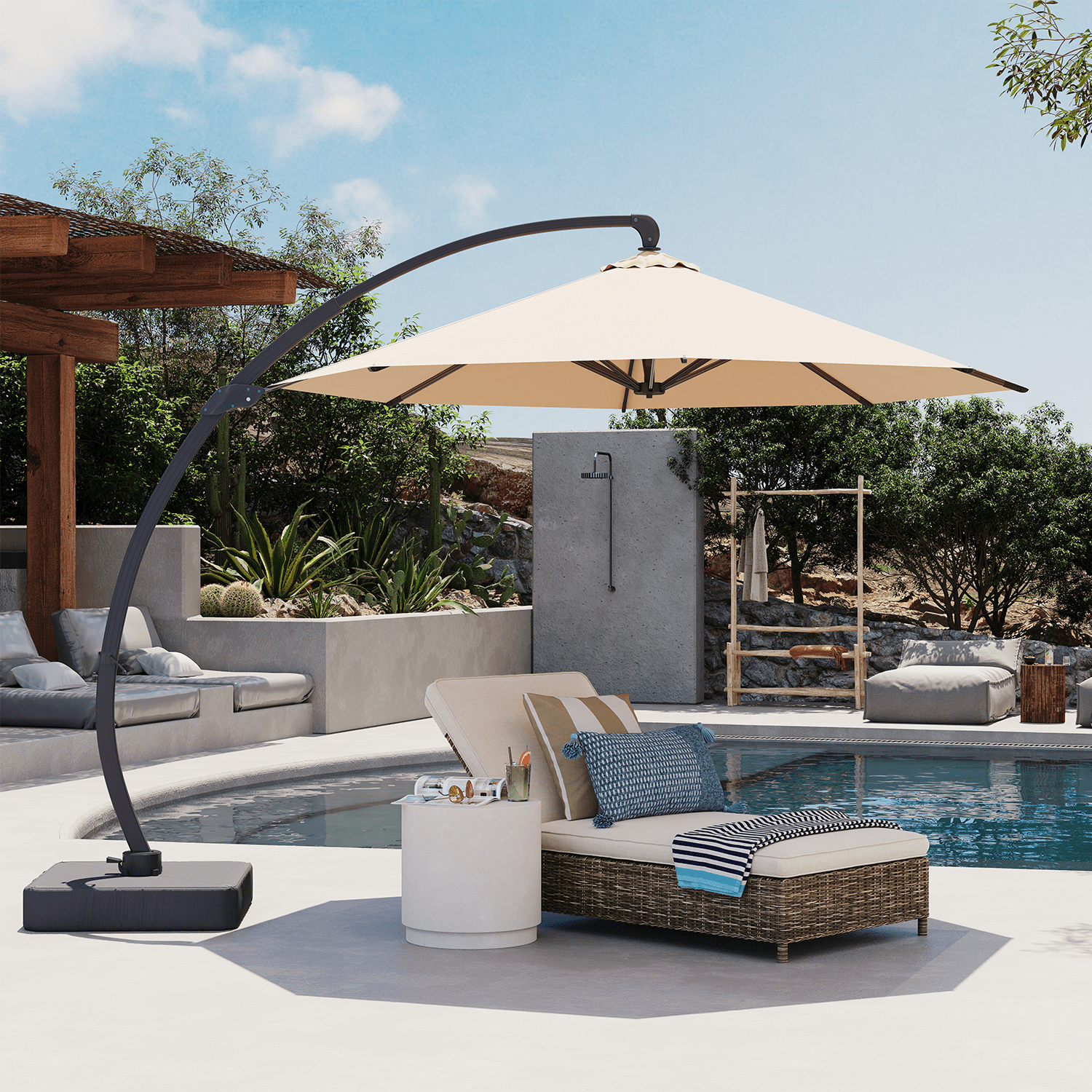 BaPiPro 11ft Offset Cantilever Patio Umbrella with Solar Lights & Base Included, Large Round Heavy Duty Frame Umbrella, 360° Rotation, for Deck Pool Backyard, Beige