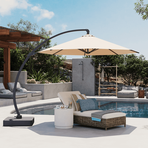 BaPiPro 11ft Offset Cantilever Patio Umbrella with Solar Lights & Base Included, Large Round Heavy Duty Frame Umbrella, 360° Rotation, for Deck Pool Backyard, Beige