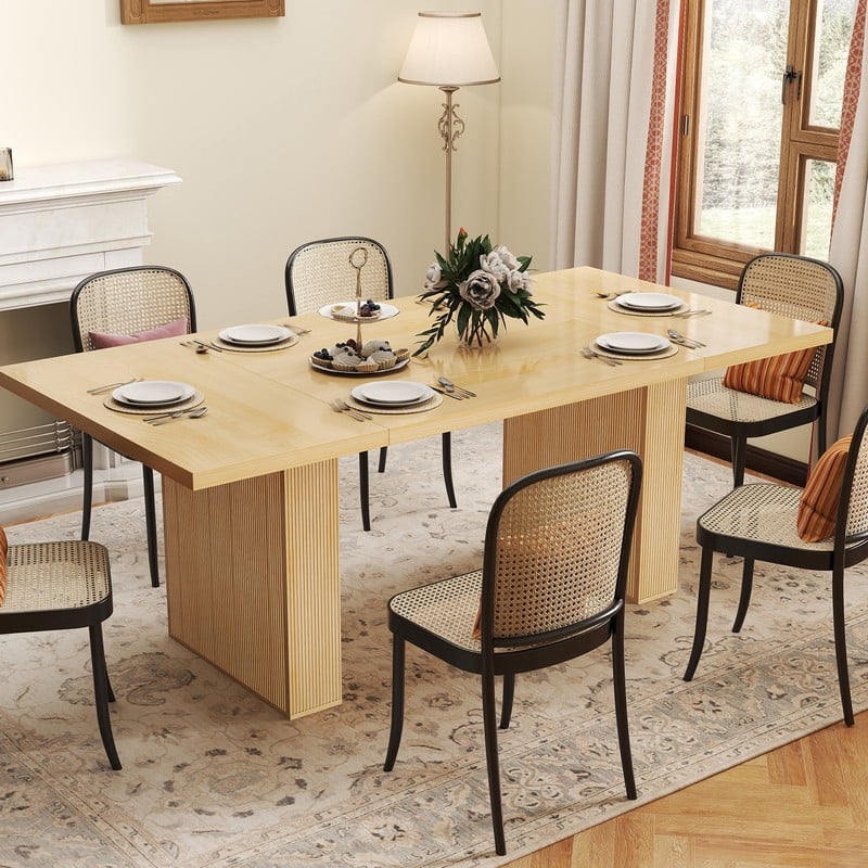 Hawsaiy 78 Rectangular Farmhouse Dining Table for 6–8, Large Kitchen Table with Grooved Wood Base, Thick Waterproof Top for Dining Room, Walnut