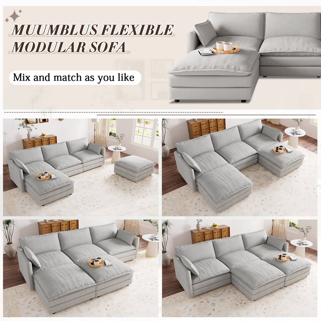 Muumblus Sectional Sofa Cloud Couch with Reversible Ottoman, L-Shaped Chenille Sofa for Living Rooms, Beige
