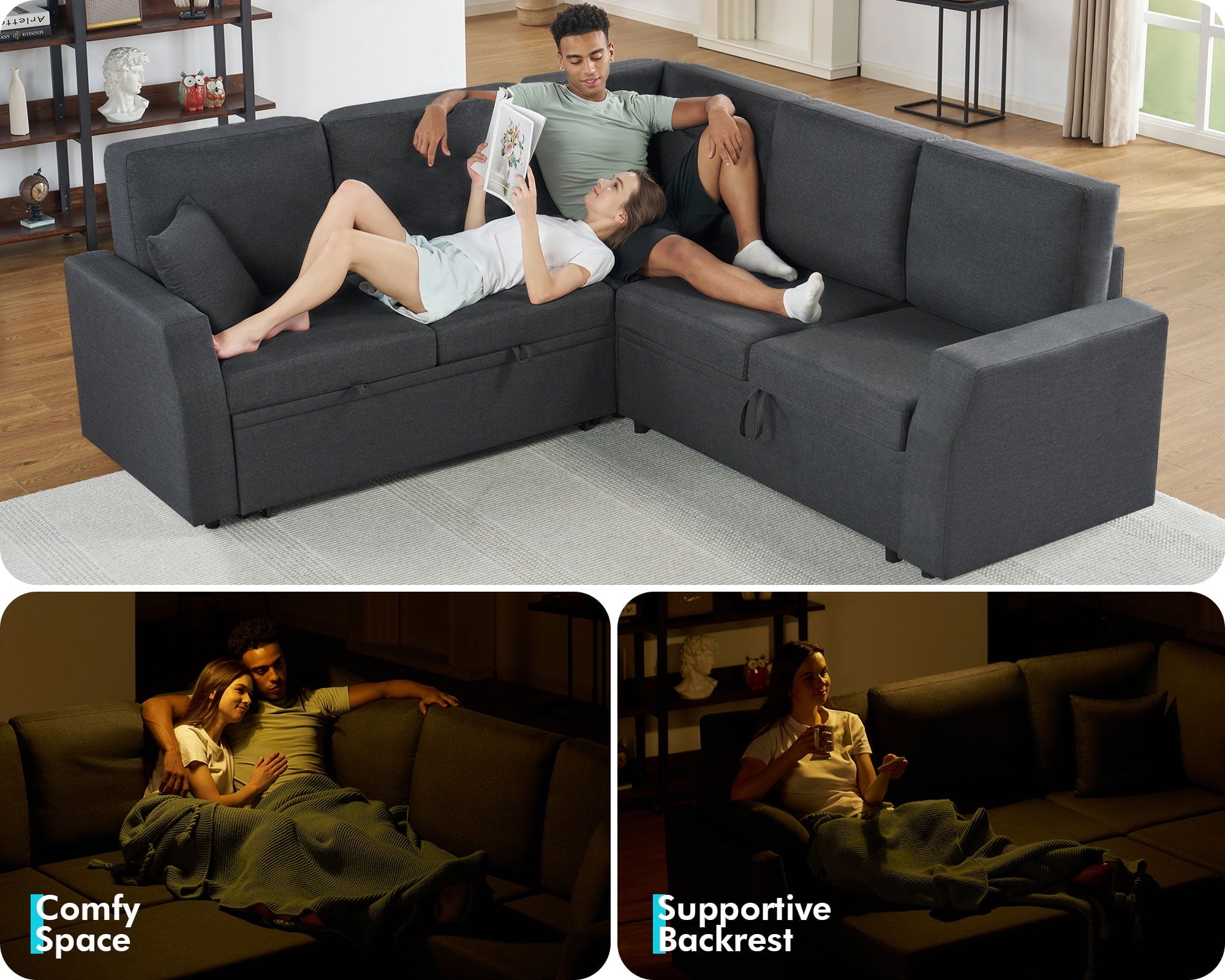 VanAcc 85 Sleeper Sofa Bed, Reversible L-Shape Sectional with Storage