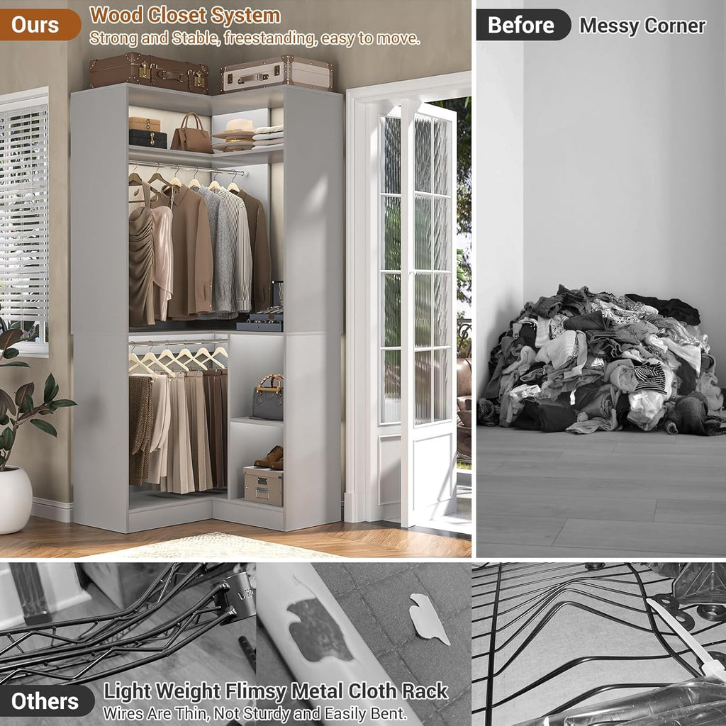 Homieasy 34 W Corner Closet System with Hanging Rods, White