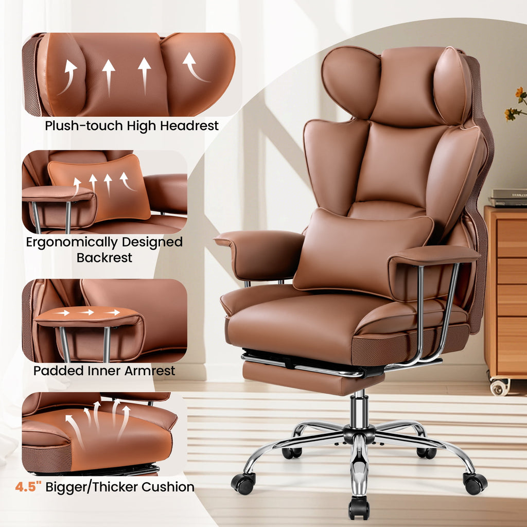 Primy High Back Office Chair, Big and Tall PU Leather Executive Chair with Footrest – Ergonomic Reclining Computer Desk Chair, High-Density Foam, Heavy Duty Swivel Rolling Chair, Black