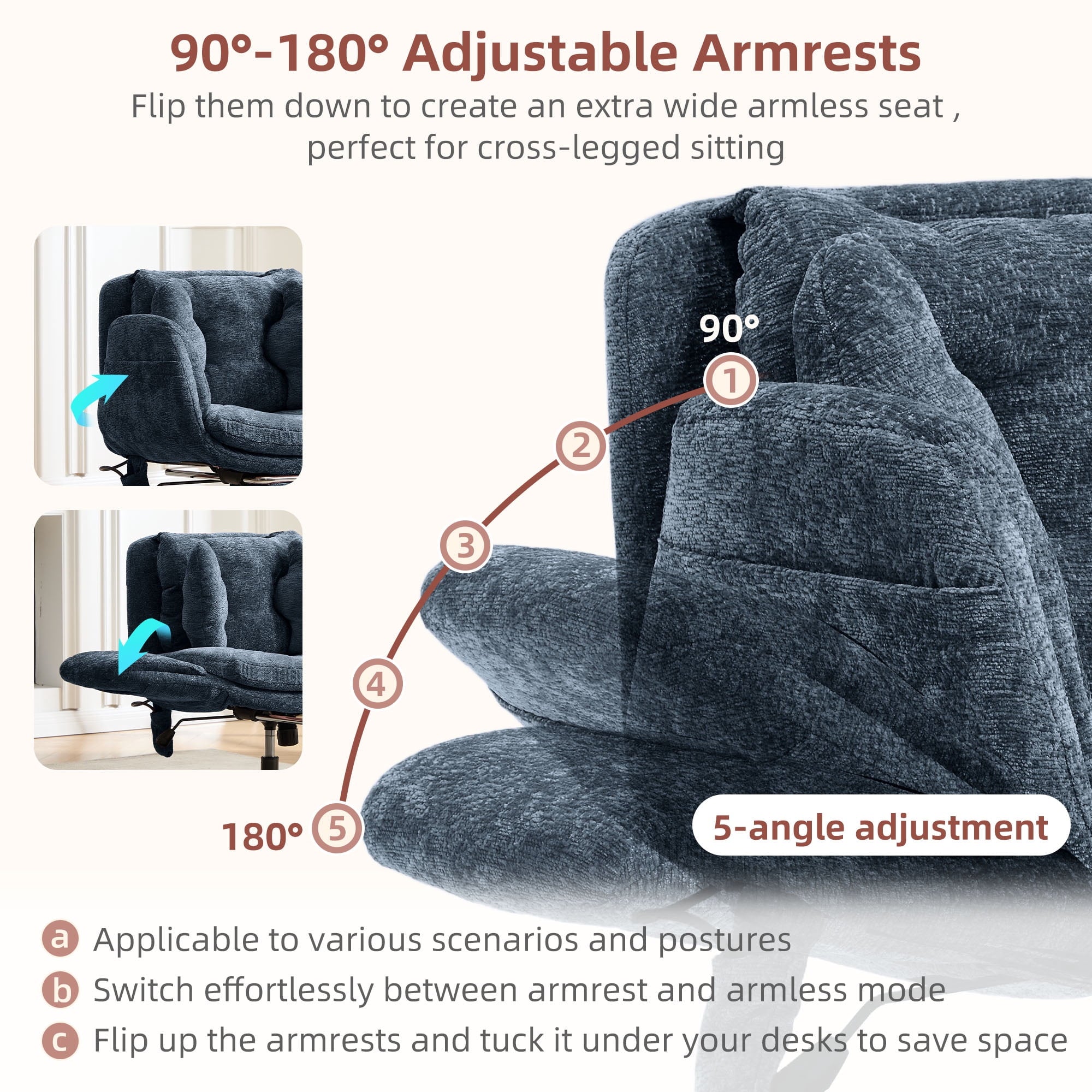 Hforesty Cross Legged Office Chair, Inflatable Flip-up Back & Wide Seat, 5-Position Armrests & Footrest, Ergonomic Task Chair for Home Office, Gray
