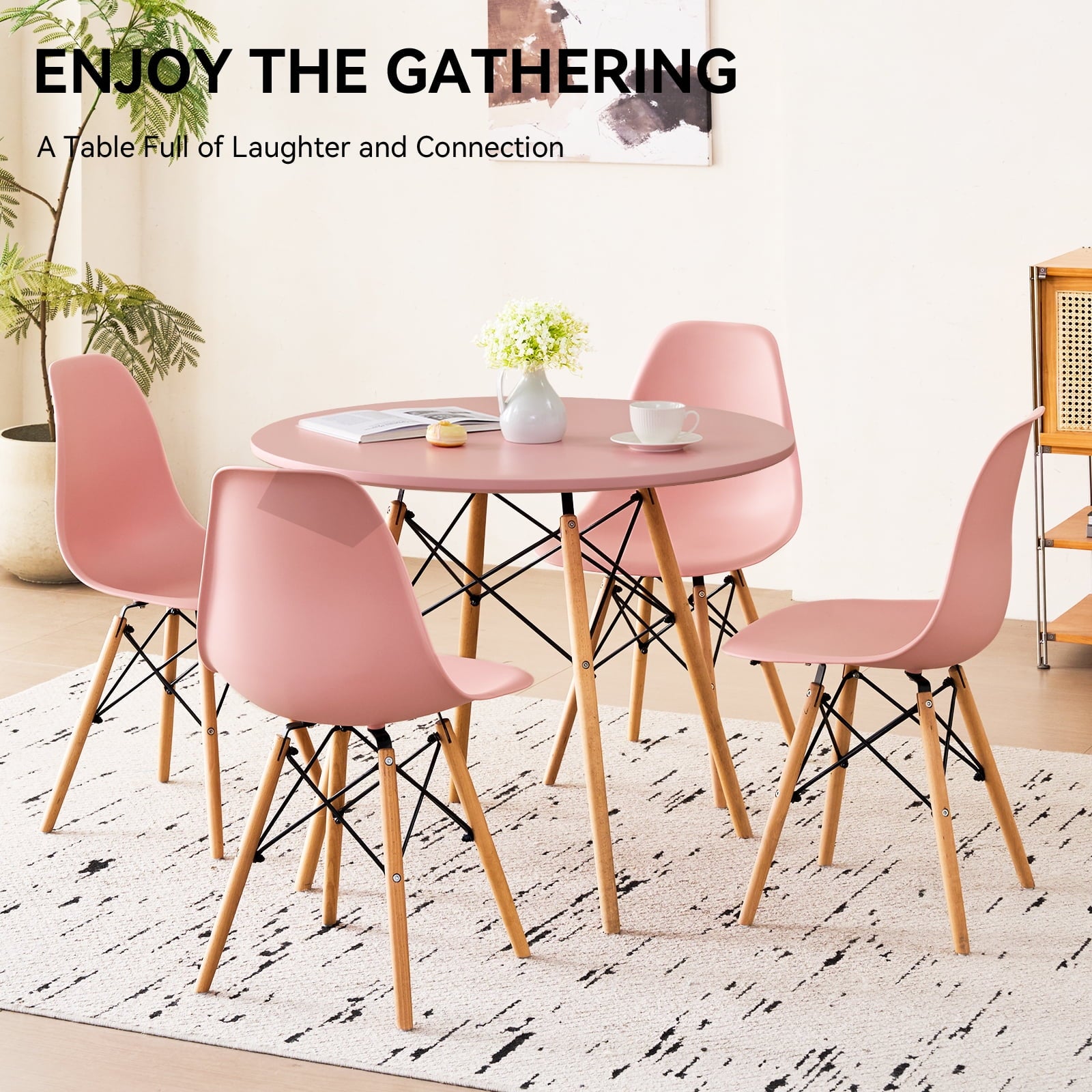 5-Piece 35.5'' Round Dining Table Set for 4, Kitchen Table Chair Set of 4, Mid-Century Modern Dinette Dining Room Table Set Dinner Table for 4 W/Solid Wood Legs, White