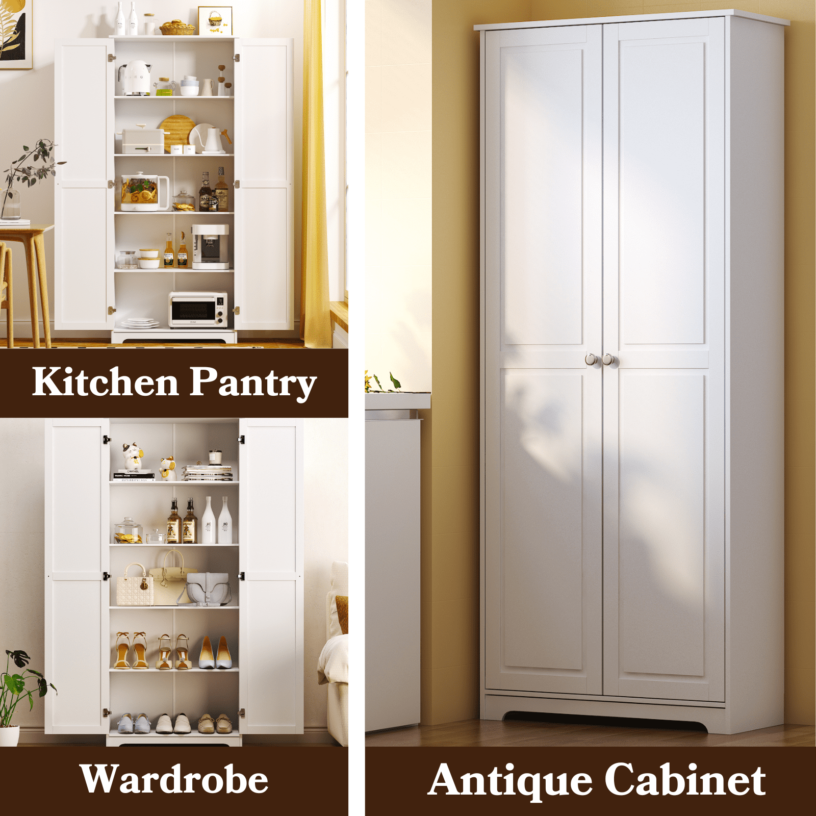 Ktaxon 72 Traditional 2-Door Kitchen Pantry, Storage Cabinet for Multifunctional Use, Wardrobe Armoire with 4 Adjustable Shelves, Tall Freestanding Cabinet for Kitchen, Dining Room, Bedroom, White