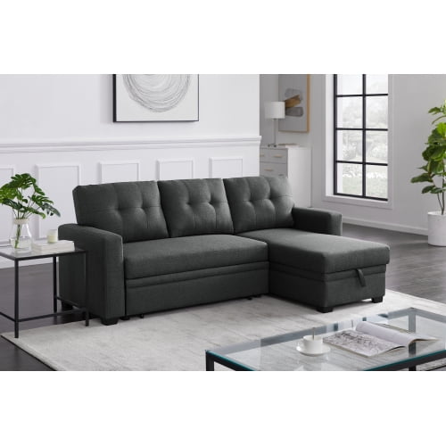 BSHTI L-Shaped Pull-Out Sleeper Sofa Bed with Storage Chaise, 3-Seater Convertible Corduroy Sectional Couch, Solid Wood & Iron Frame, Black