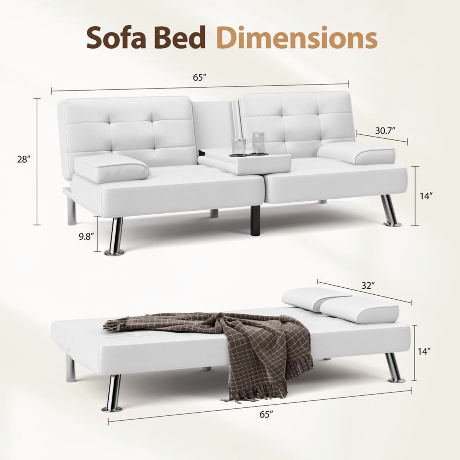 Furmax 3-in-1 Futon Sofa Bed Convertible Couch – Faux Leather Recliner with Cup Holders for Living Room, Apartment & Small Space, Black