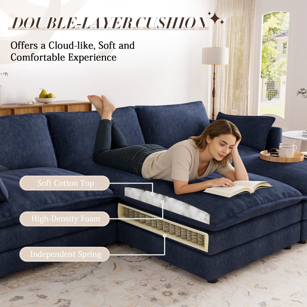 Muumblus Sectional Sofa Cloud Couch with Reversible Ottoman, L-Shaped Chenille Sofa for Living Rooms, Beige