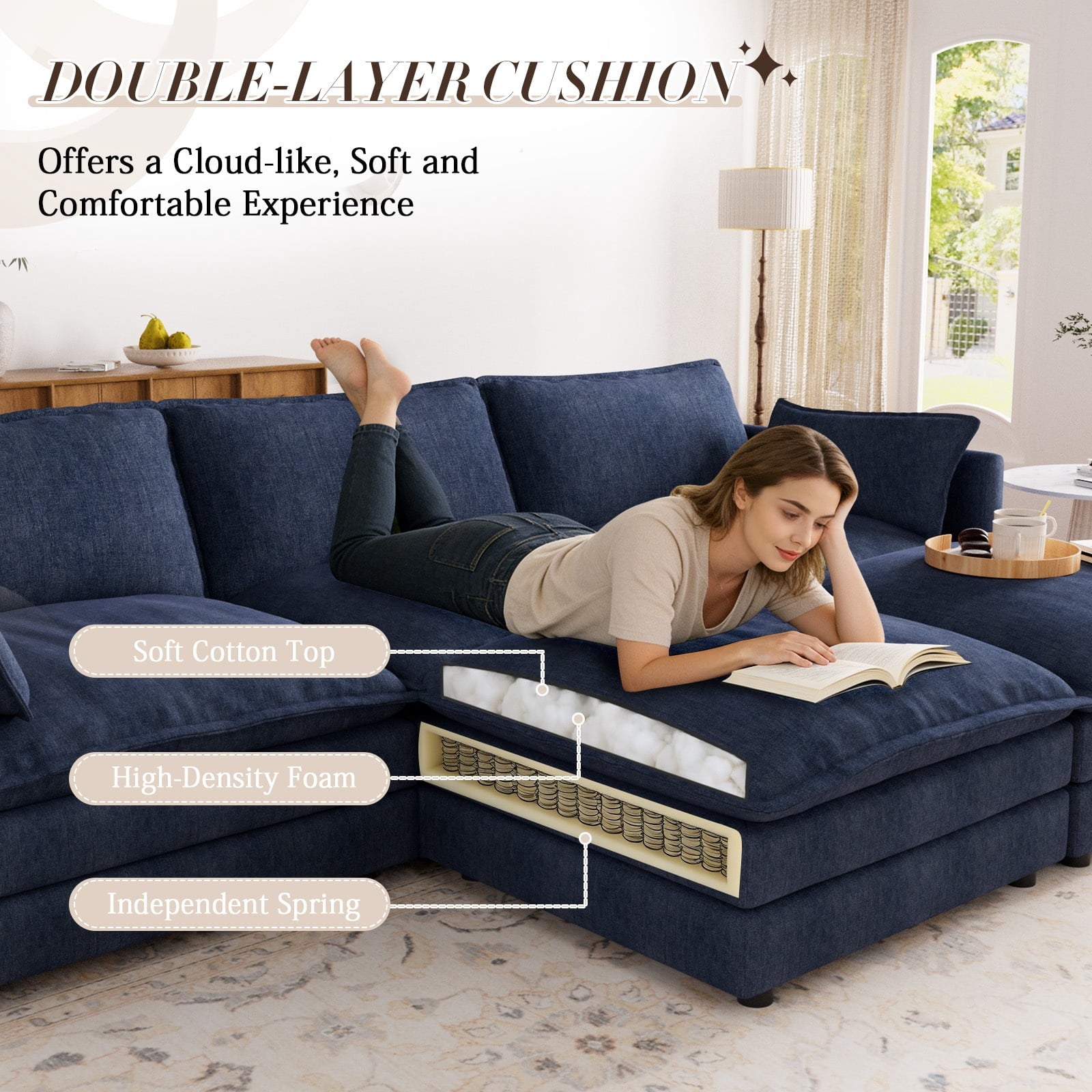 Muumblus Sectional Sofa Cloud Couch with Reversible Ottoman, L-Shaped Chenille Sofa for Living Rooms, Beige