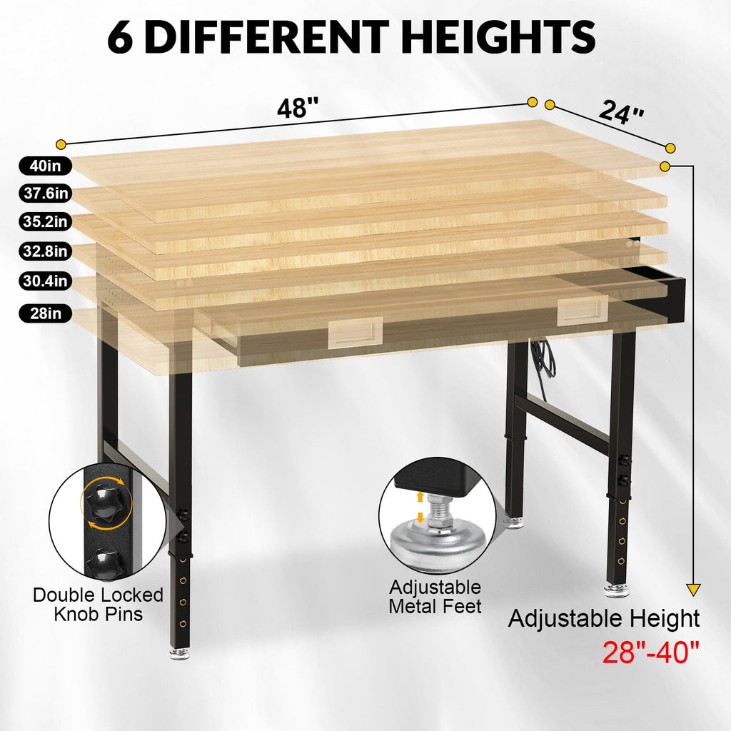 60 inch Workbench for Garage, Heavy-Duty 2 Tier Wood Work Bench with Storage Pegboards, Hooks, Power Outlets, Rubber Wood Tabletop 2000 LBS Load Bearing Workstation Garage Desk Work Table