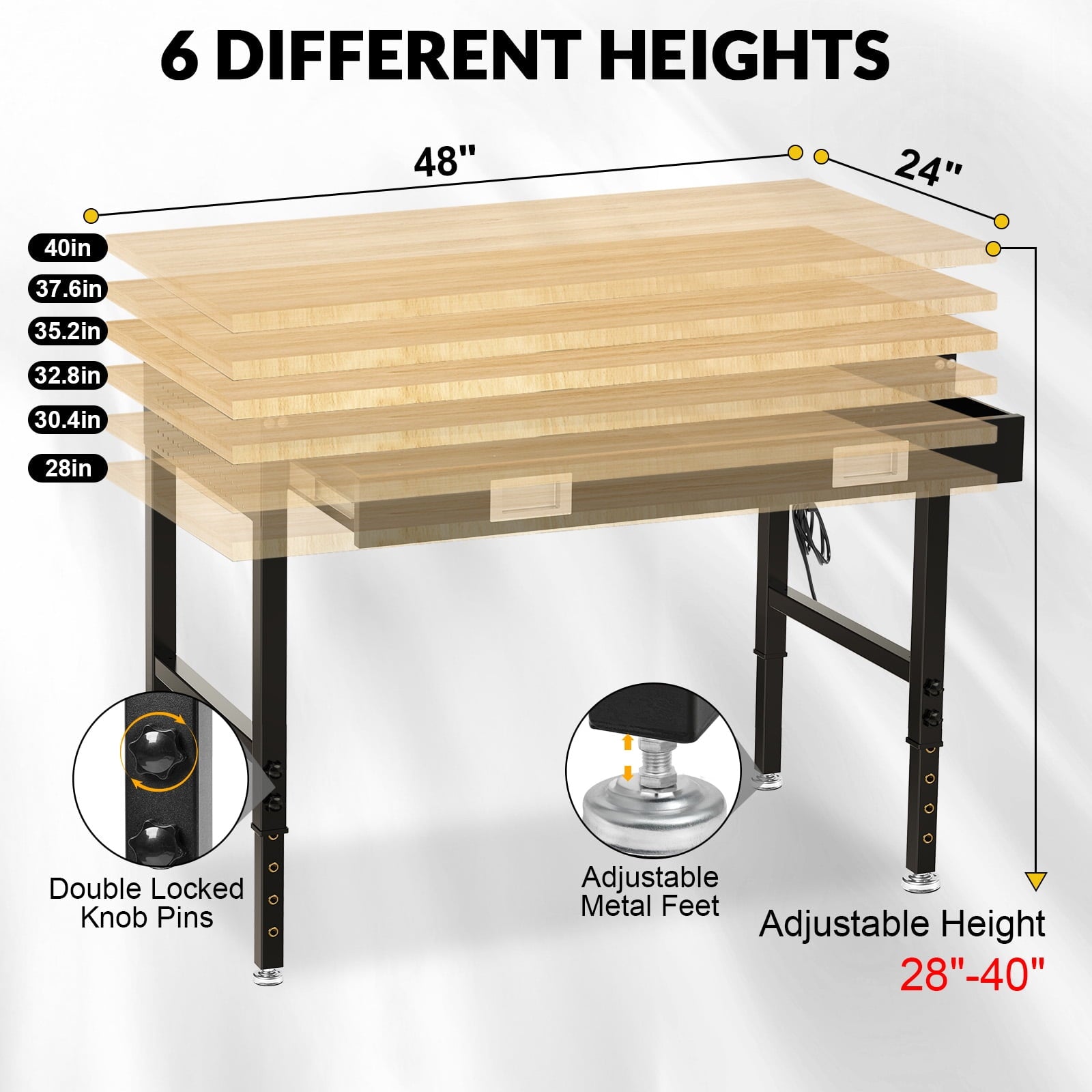 60 inch Workbench for Garage, Heavy-Duty 2 Tier Wood Work Bench with Storage Pegboards, Hooks, Power Outlets, Rubber Wood Tabletop 2000 LBS Load Bearing Workstation Garage Desk Work Table