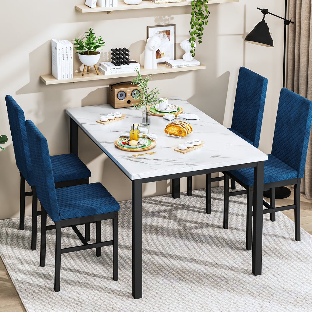 Cvortll 5 Piece Dining Table Set, Kitchen Table and Chairs Set for 4 with Faux Marble and 4 Velvet Upholstered Dining Chairs for Home, Restaurant, Black & Black