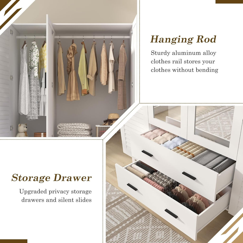 Blotout 70 Armoire Wardrobe Closet with Mirror & LED Lights, LED White Louver Door Wardrobe Armoire with 3 Drawers & Hanging Rods, Large 3 Doors Armoire Storage with Multi-Layer Shelves