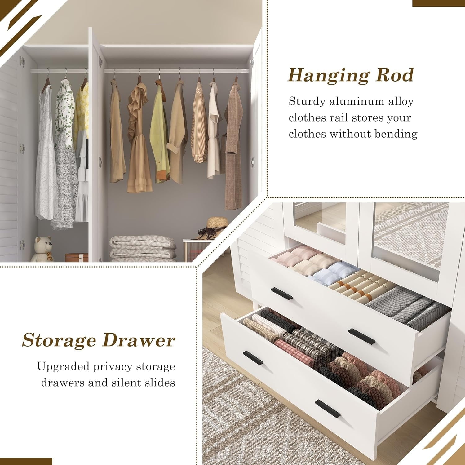 Blotout 70 Armoire Wardrobe Closet with Mirror & LED Lights, LED White Louver Door Wardrobe Armoire with 3 Drawers & Hanging Rods, Large 3 Doors Armoire Storage with Multi-Layer Shelves