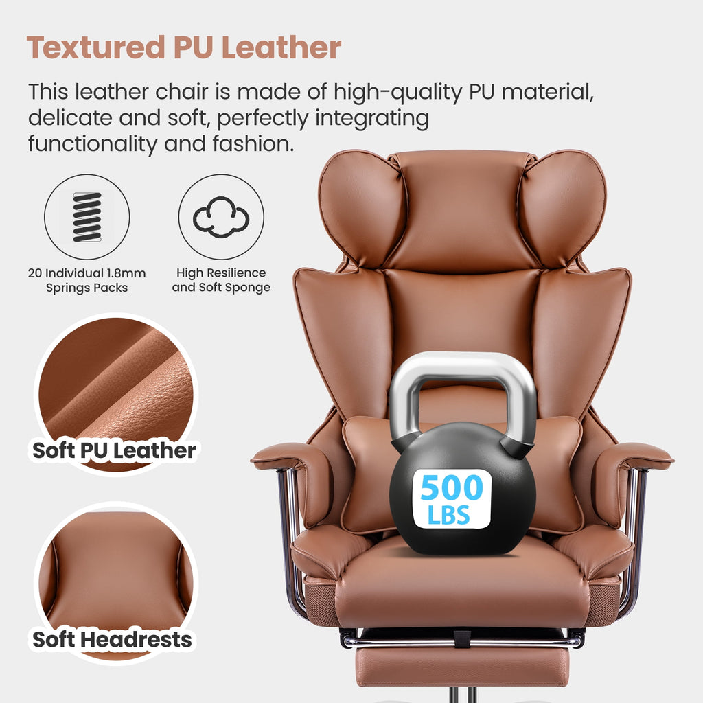 ATHOPE Executive Leather Office Chair 500lbs, Big and Tall Desk Chair with Footrest, High Back Ergonomic Reclining Computer Chair, High-Density Foam, Heavy Duty Swivel Rolling Chair, Black