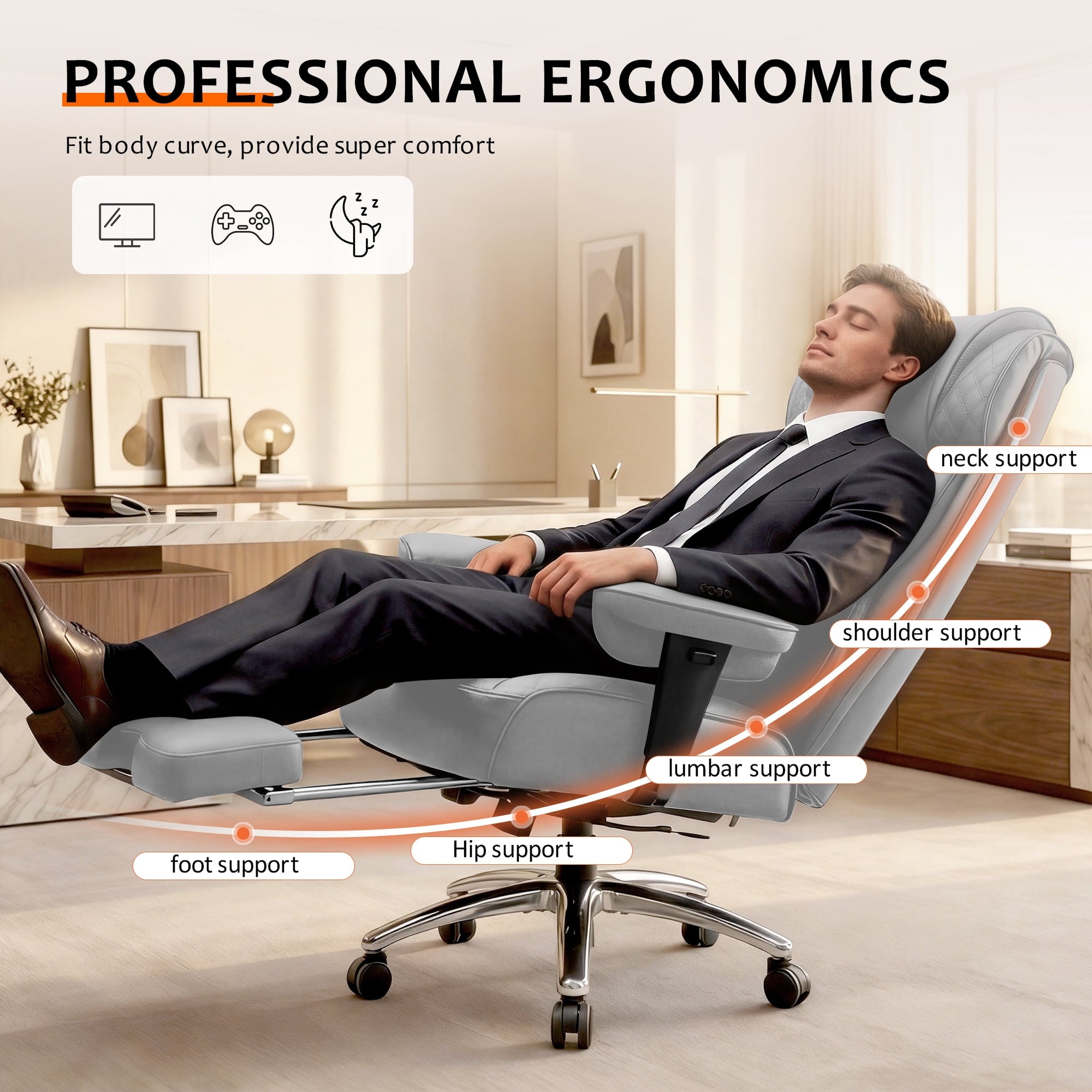 FASTES Office Desk Chair, Big and Tall Office Chair 400lbs Gaming Chair with Footrest, Ergonomic Executive High-Back Reclining Computer Chairs, Swivel Wheels and Lumbar Support, Black