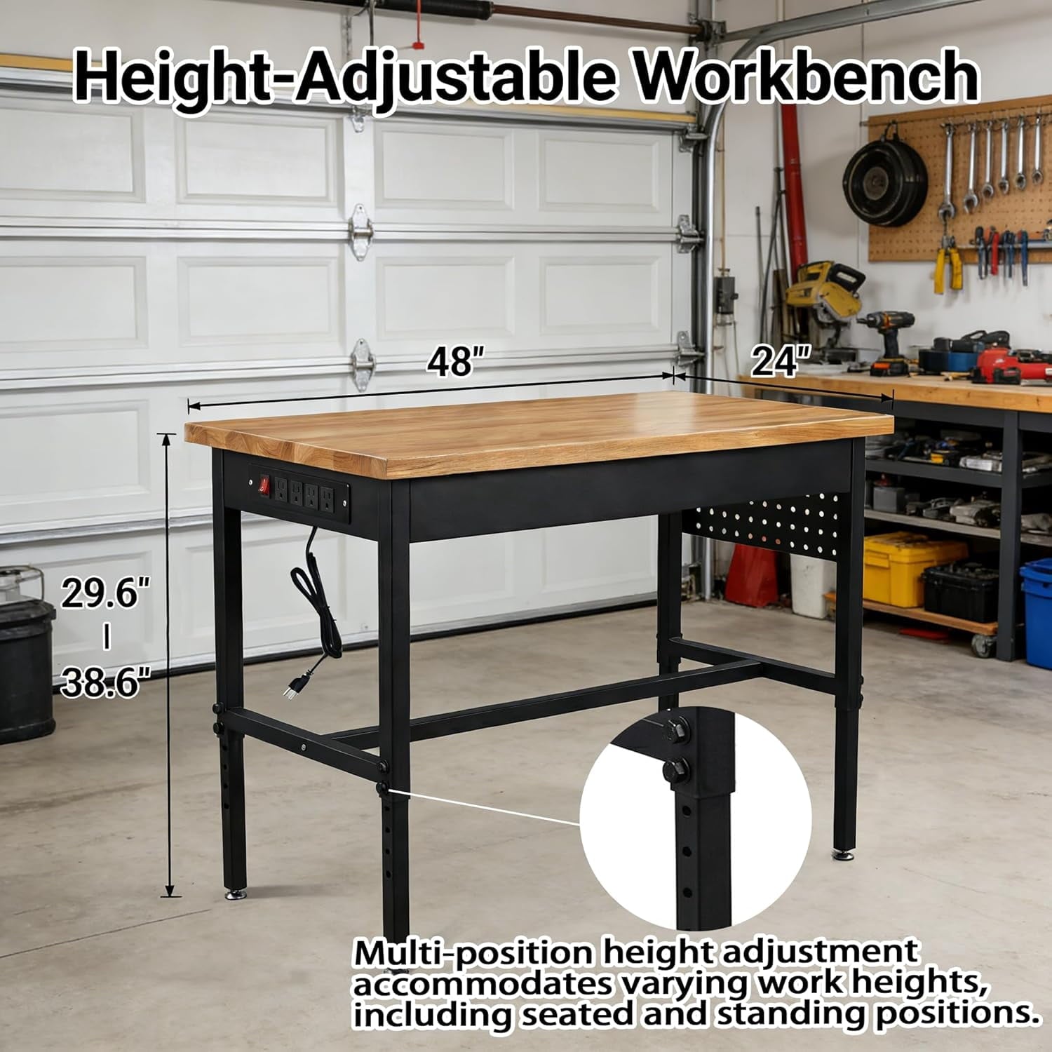 70 Inch Adjustable Workbench with Power Outlet Heavy Duty 2500 LBS Load Capacity Hardwood Work Table for Garage 6 Level Height Adjustable Workshop Bench with Wheels (70x22)