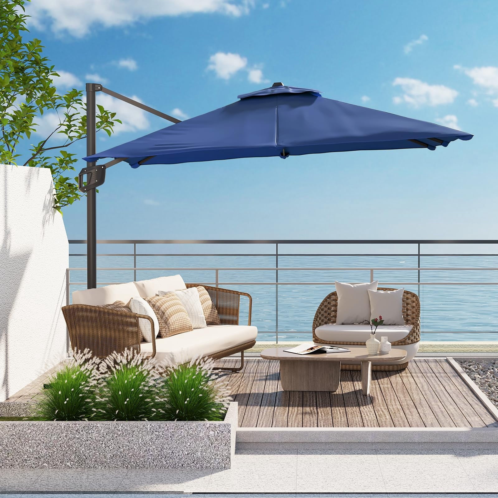 10x10 FT Offset Patio Umbrella with Base Included, 360° Rotation Large Square Cantilever Umbrella, Outdoor Sun Shade with Easy Tilt for Pool, Backyard, Deck, Garden, Navy Blue