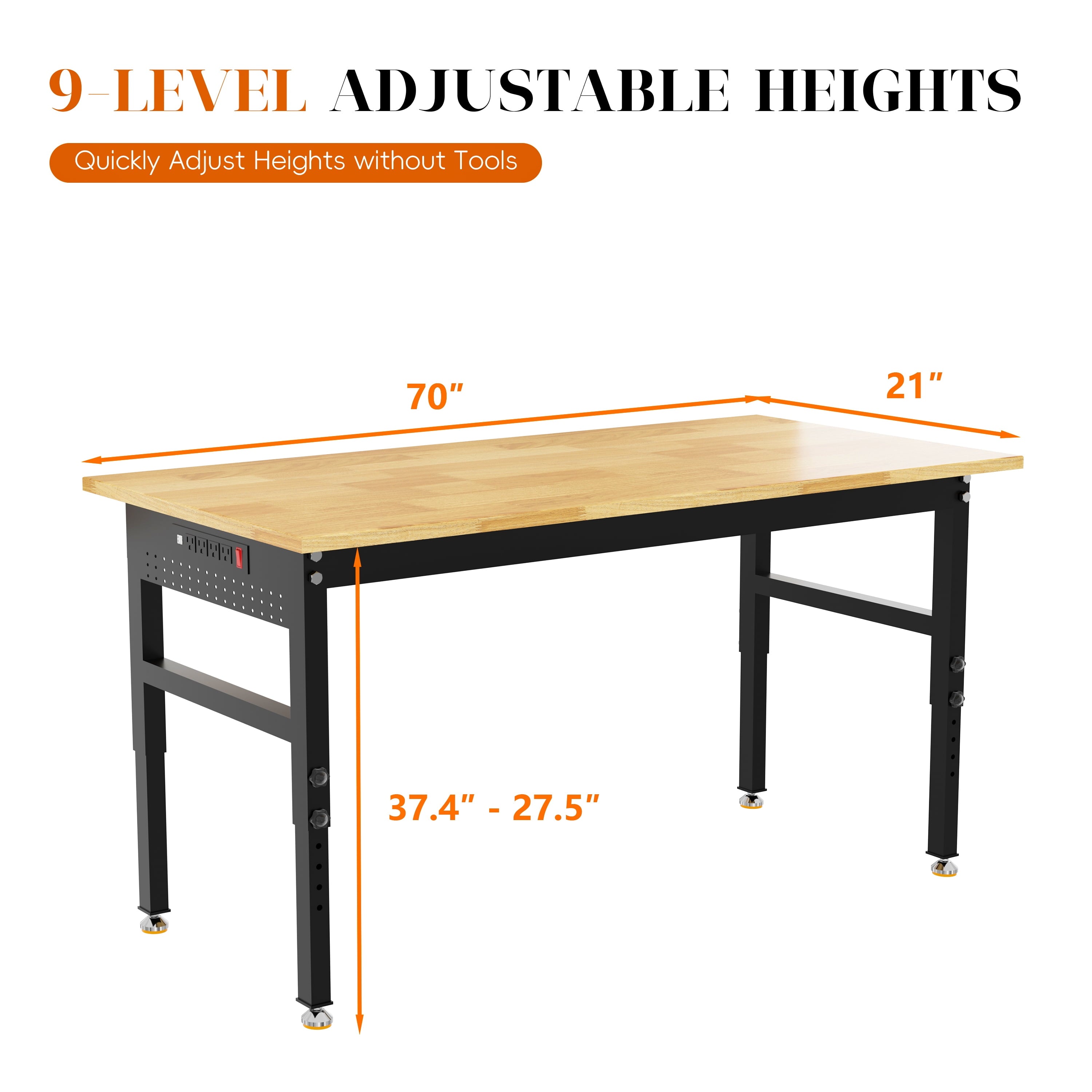 Joywind 60 Heavy-Duty Adjustable Workbench with Locking Wheels, Power Strip & Pegboard – Rubber Wood Work Table for Garage, Workshop, Home Office
