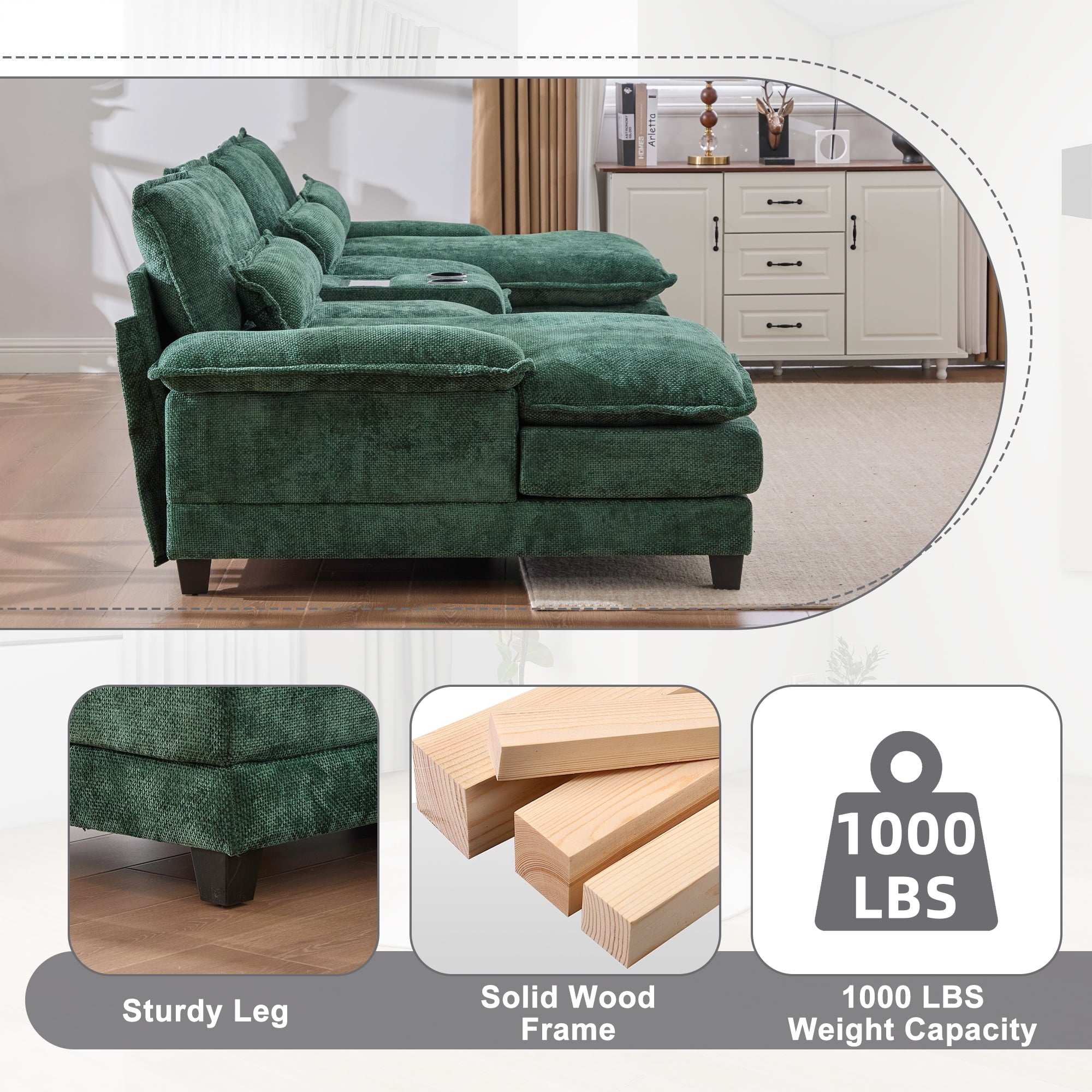 Villeston 126.77 U-Shaped Cloud Sofa With Chaise Lounge, Chenille Sofa With Wireless Charging, Bluetooth Speaker, Two Cup Holders, Storage Drawer, Suitable For Living Room,Gray