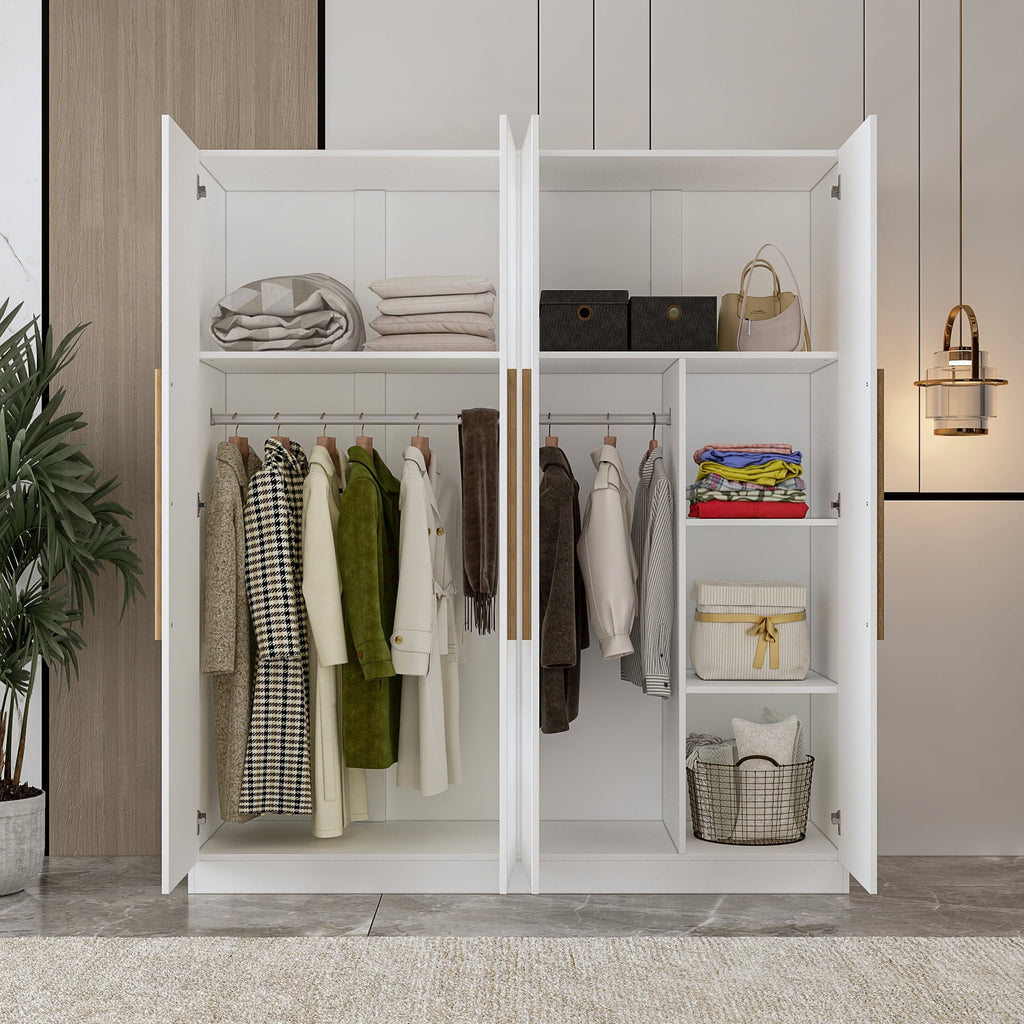 MONSLIPA Wardrobe Closet, 4 Door Wooden Armoire Storage with Hanging Rods for Bedroom, White