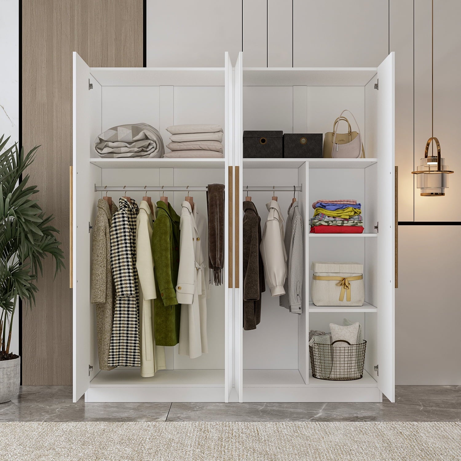 MONSLIPA Wardrobe Closet, 4 Door Wooden Armoire Storage with Hanging Rods for Bedroom, White