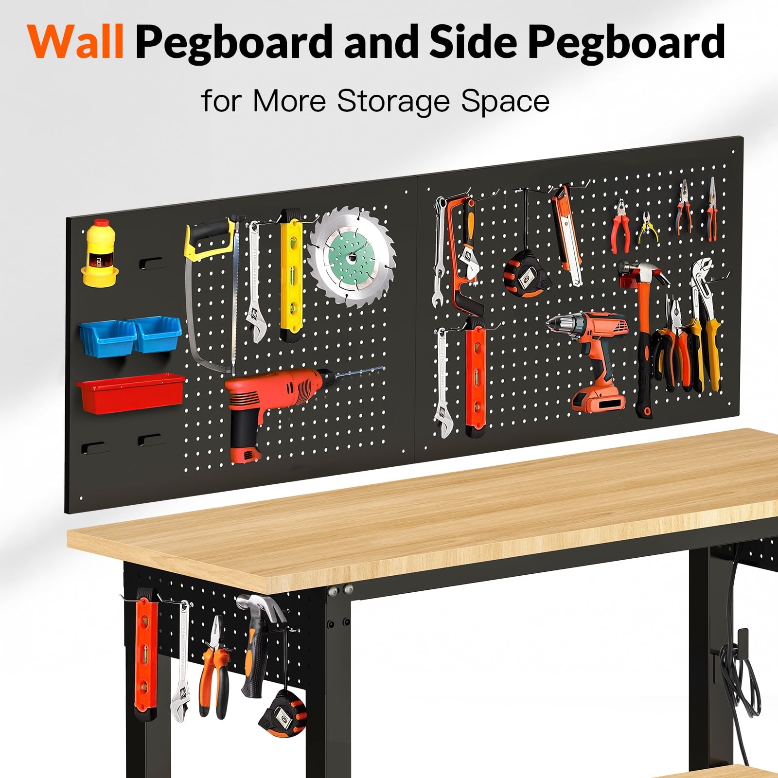 60 inch Workbench for Garage, Heavy-Duty 2 Tier Wood Work Bench with Storage Pegboards, Hooks, Power Outlets, Rubber Wood Tabletop 2000 LBS Load Bearing Workstation Garage Desk Work Table