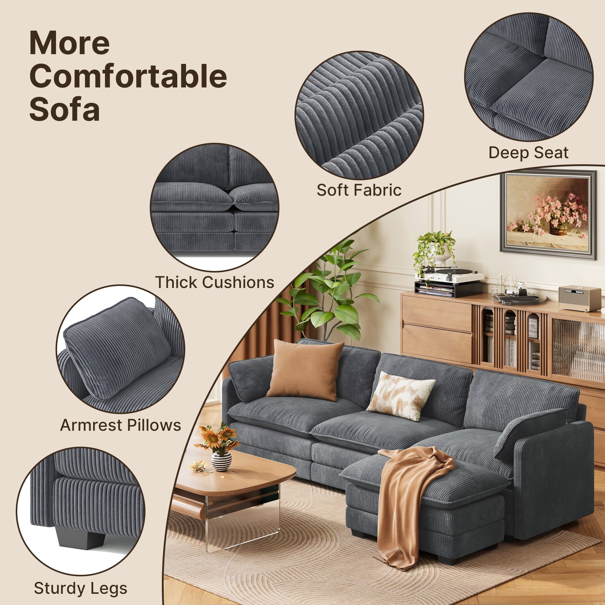 Sofa, L-Shaped Sofa Couch with Deep Seat and Movable Footrest Sofa for Office|Living Room, Gray