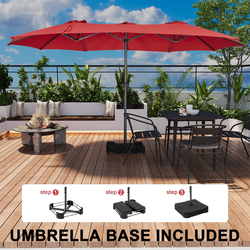Ainfox 15ft Large Patio Umbrella with Solar Lights, Double-Sided Outdoor Rectangle Table Umbrellas with Sand Bag Base，Beige
