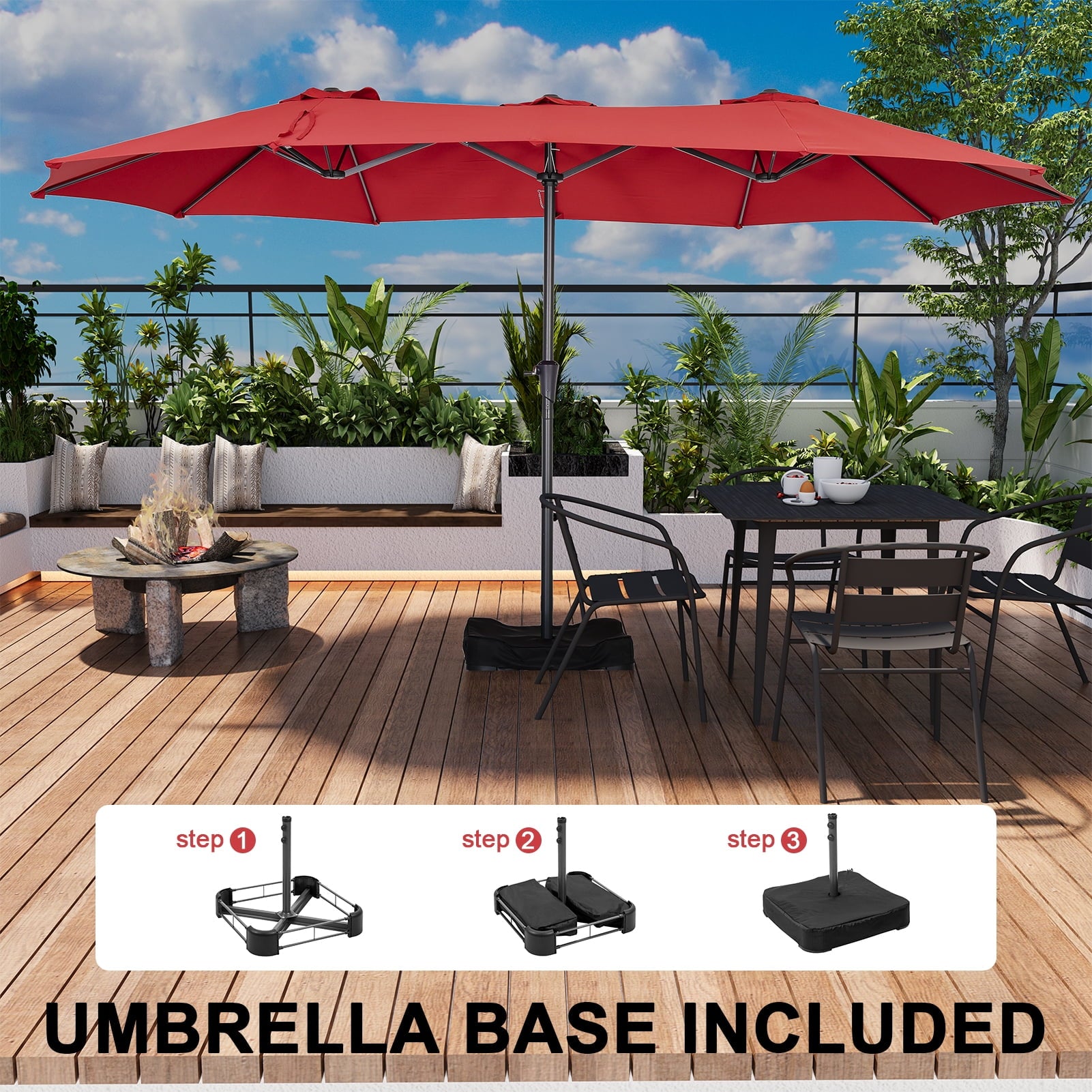 Ainfox 15ft Large Patio Umbrella with Solar Lights, Double-Sided Outdoor Rectangle Table Umbrellas with Sand Bag Base，Beige