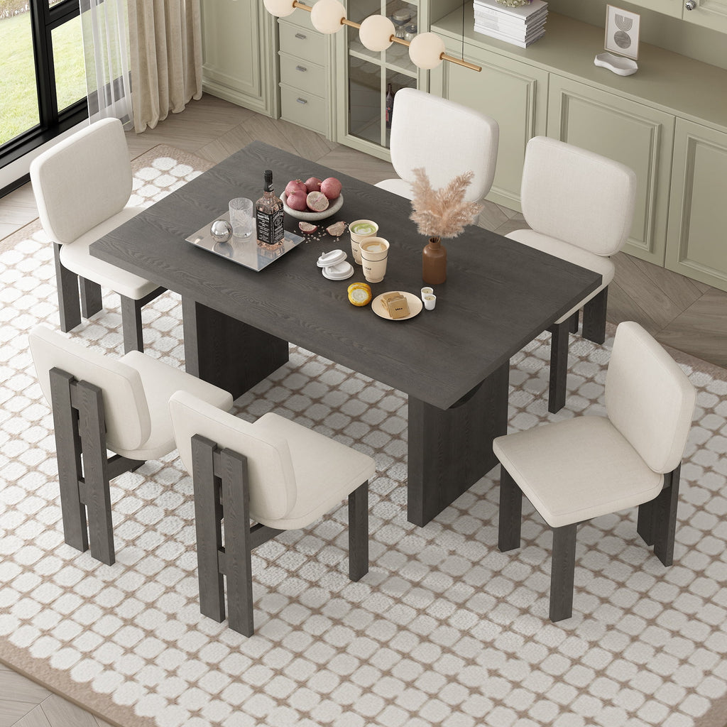 Harper & Bright Designs 7 Pieces Retro Dining Set for 6, Wood Rectangular Table with Designed Trestle Base and 6 Upholstered Chairs for Dining Room and Kitchen, Grey