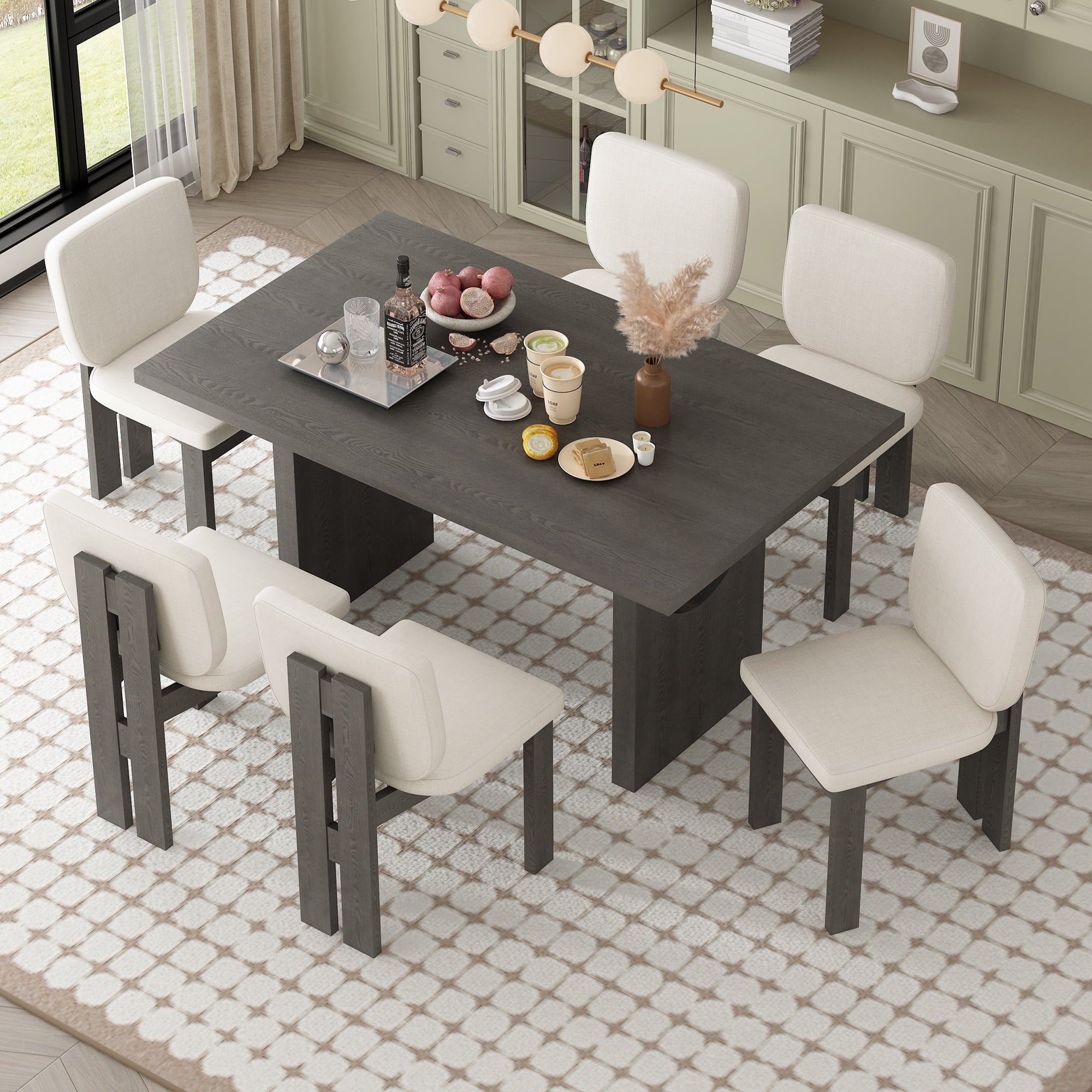 Harper & Bright Designs 7 Pieces Retro Dining Set for 6, Wood Rectangular Table with Designed Trestle Base and 6 Upholstered Chairs for Dining Room and Kitchen, Grey