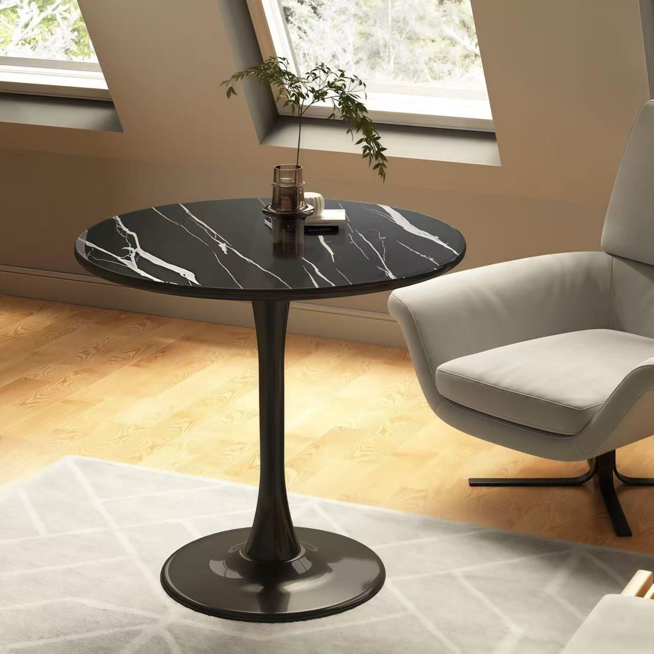 GDF Studio 24 Round Modern Dining Table, Wooden Top Tulip Table with Steel Pedestal Base, Kitchen Table, Walnut