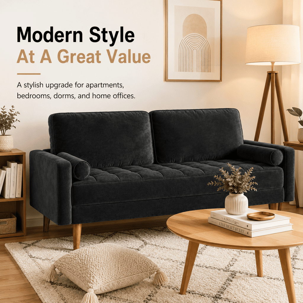 Neche Sofa for Living Room,Solid Wood Foot, 2 Seater Small Modern Loveseat Couch in a Box  - Black