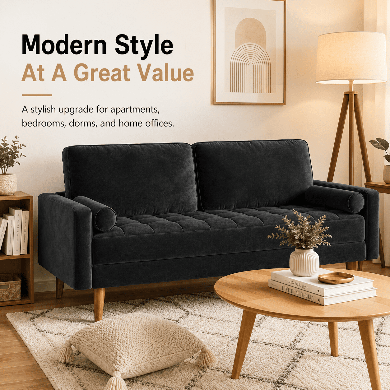 Neche Sofa for Living Room,Solid Wood Foot, 2 Seater Small Modern Loveseat Couch in a Box  - Black