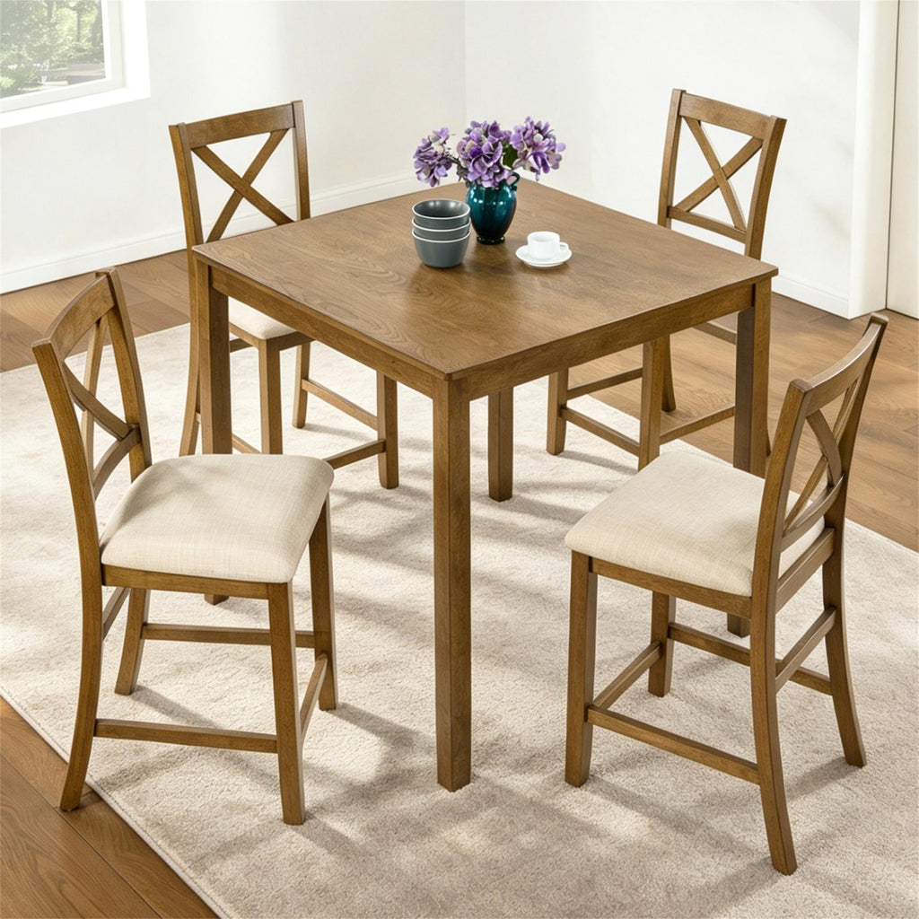 SESSLIFE Dining Table Set for 4, Counter Height Kitchen Table Set with Square Table and 4 Upholstered Chairs, Solid Wood Dining Room Set for 4, Space-Saving, Black & Oak